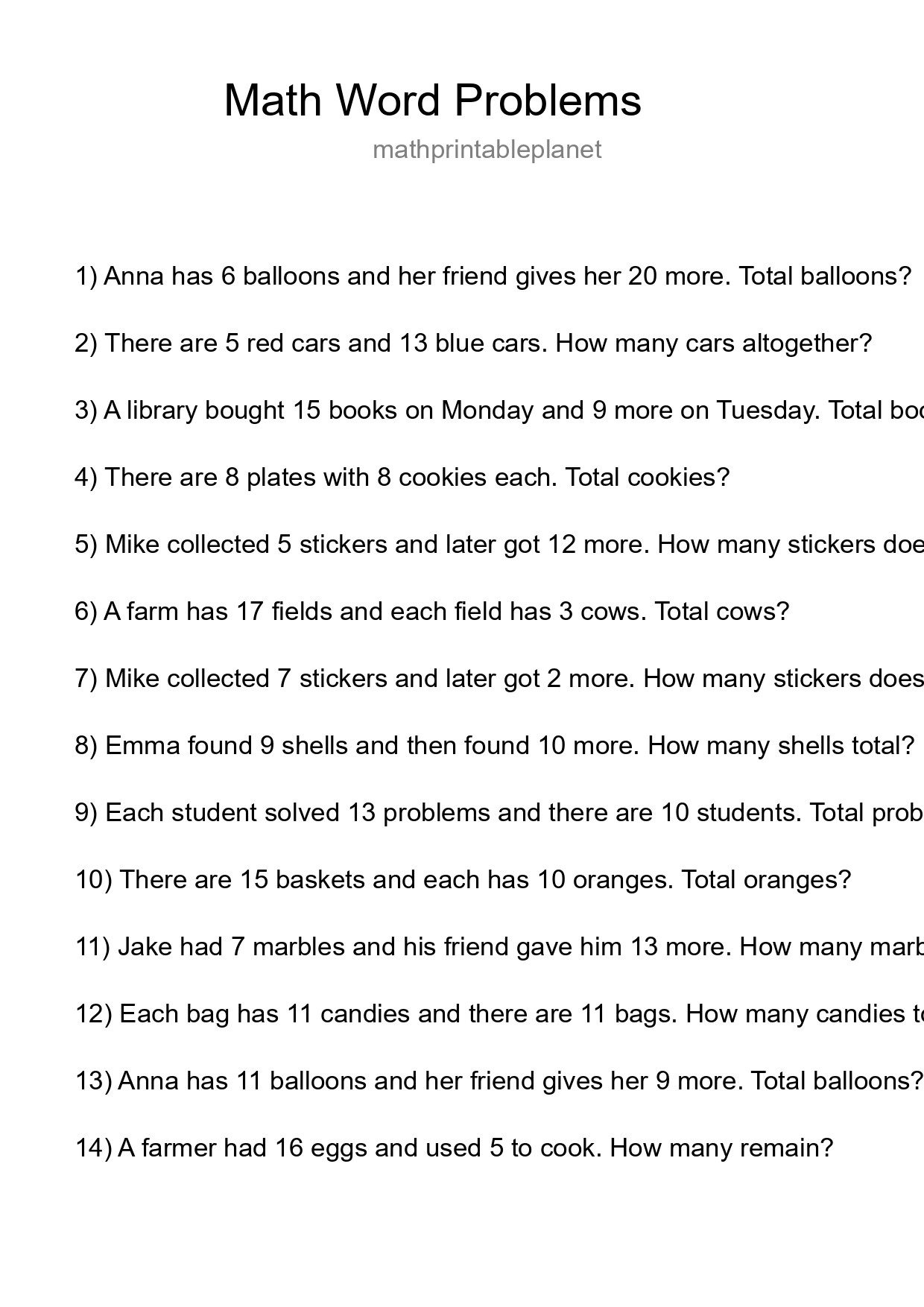 Math Word Problem Worksheet