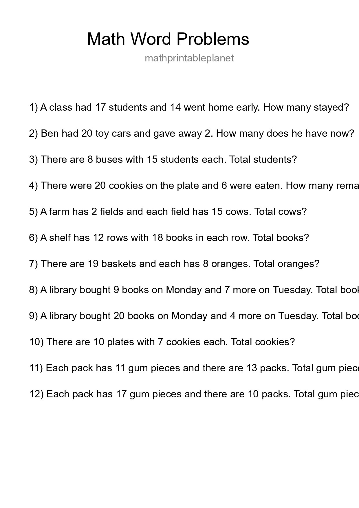 Math Word Problem Worksheet