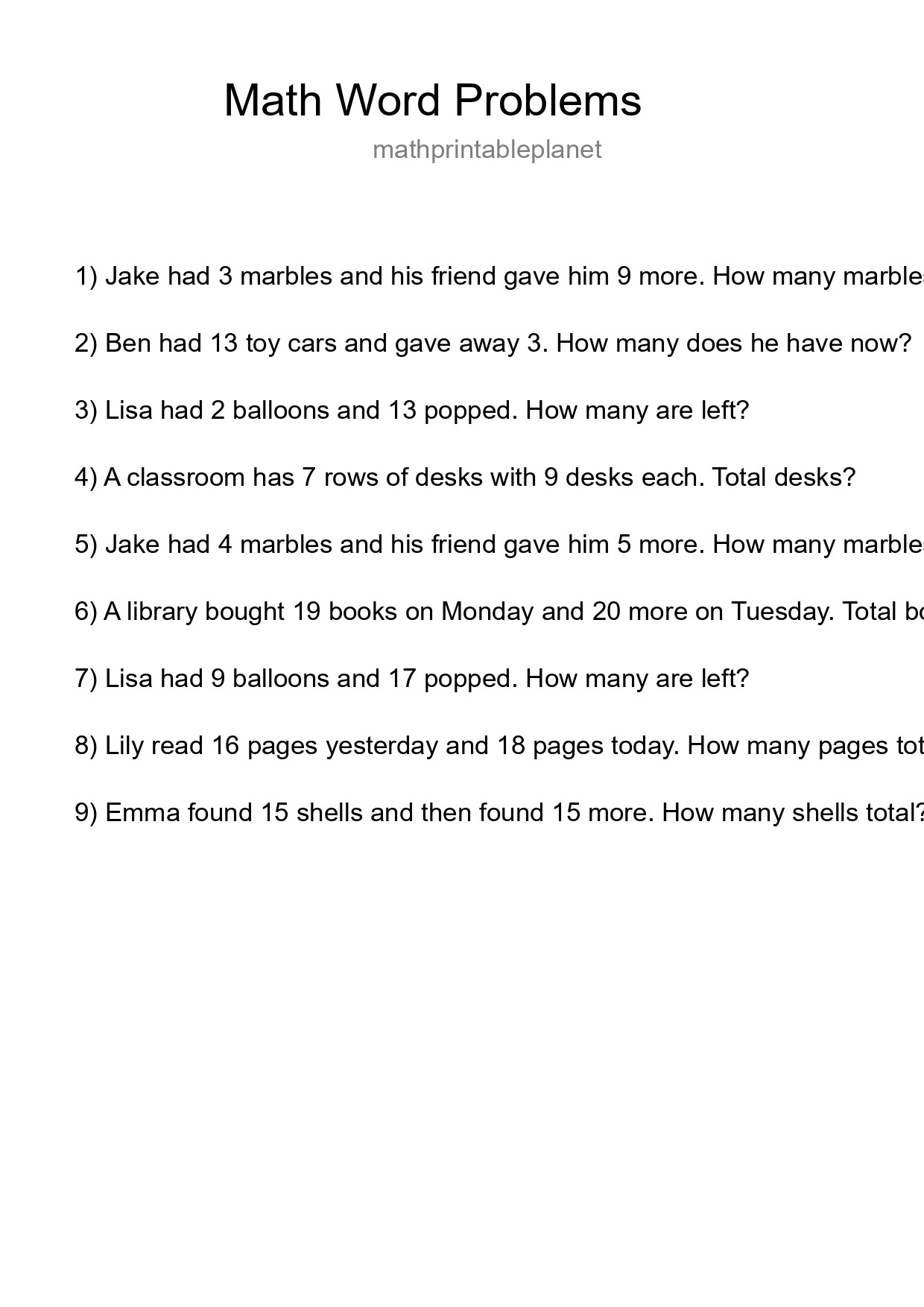 Math Word Problem Worksheet