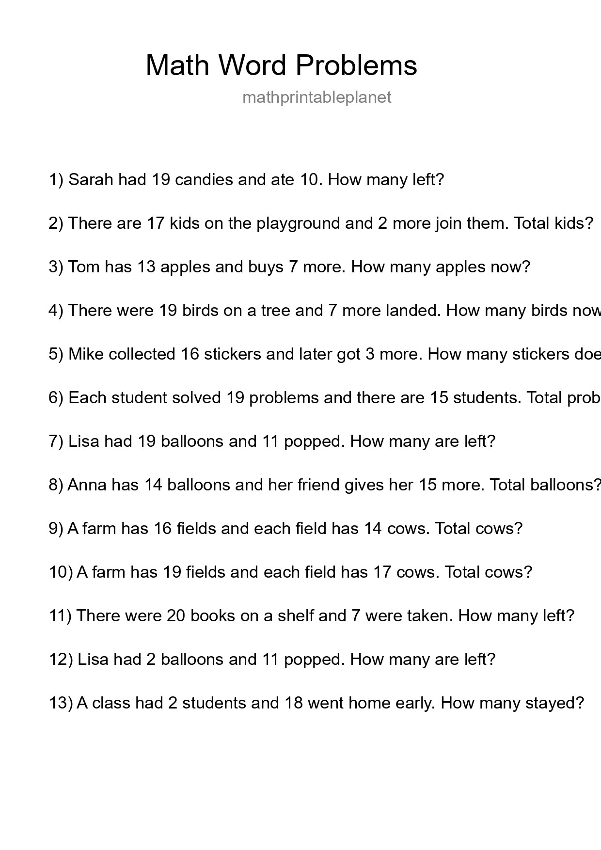 Math Word Problem Worksheet