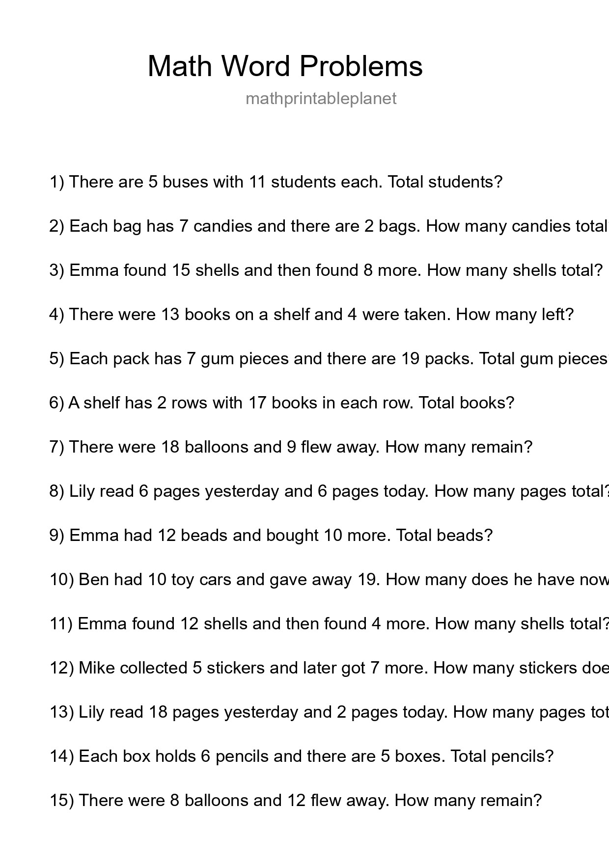 Math Word Problem Worksheet
