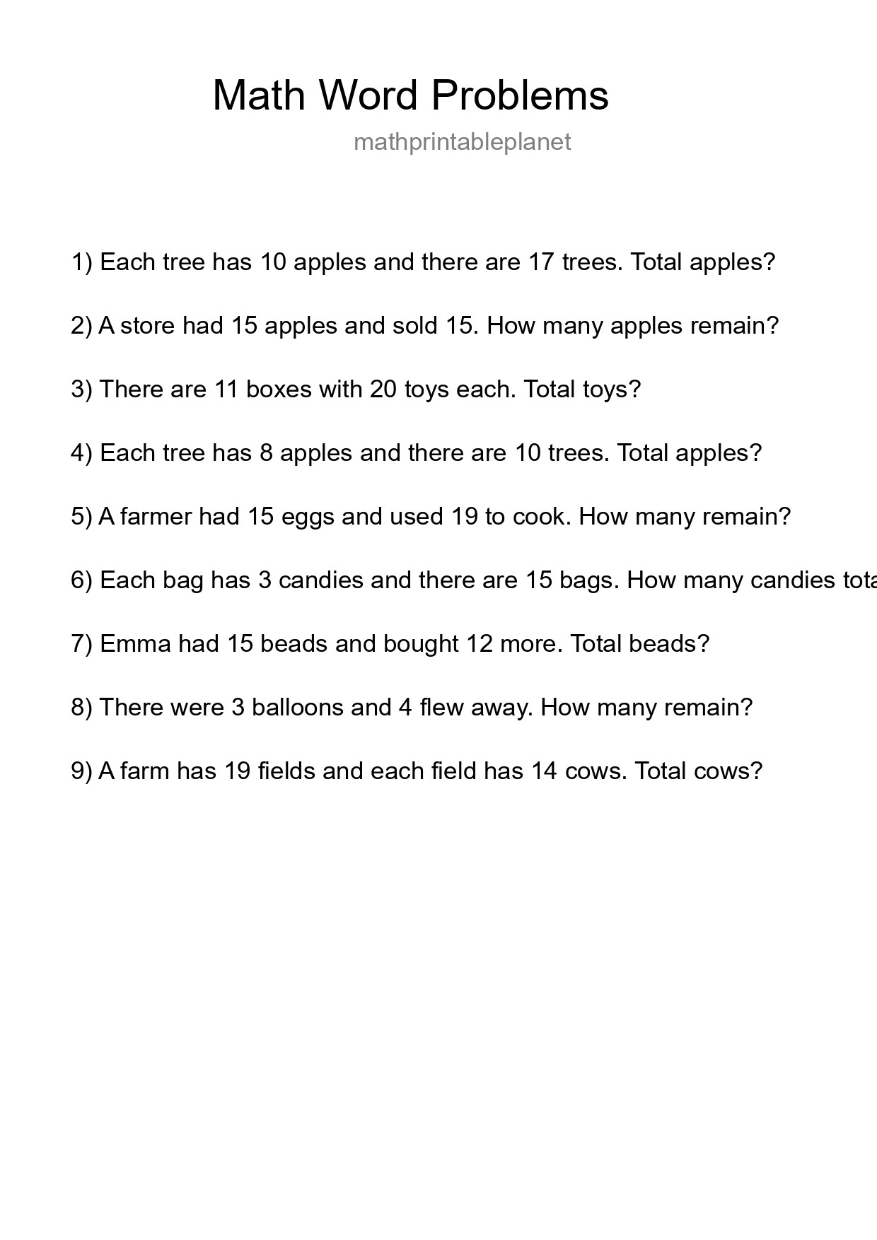 Math Word Problem Worksheet