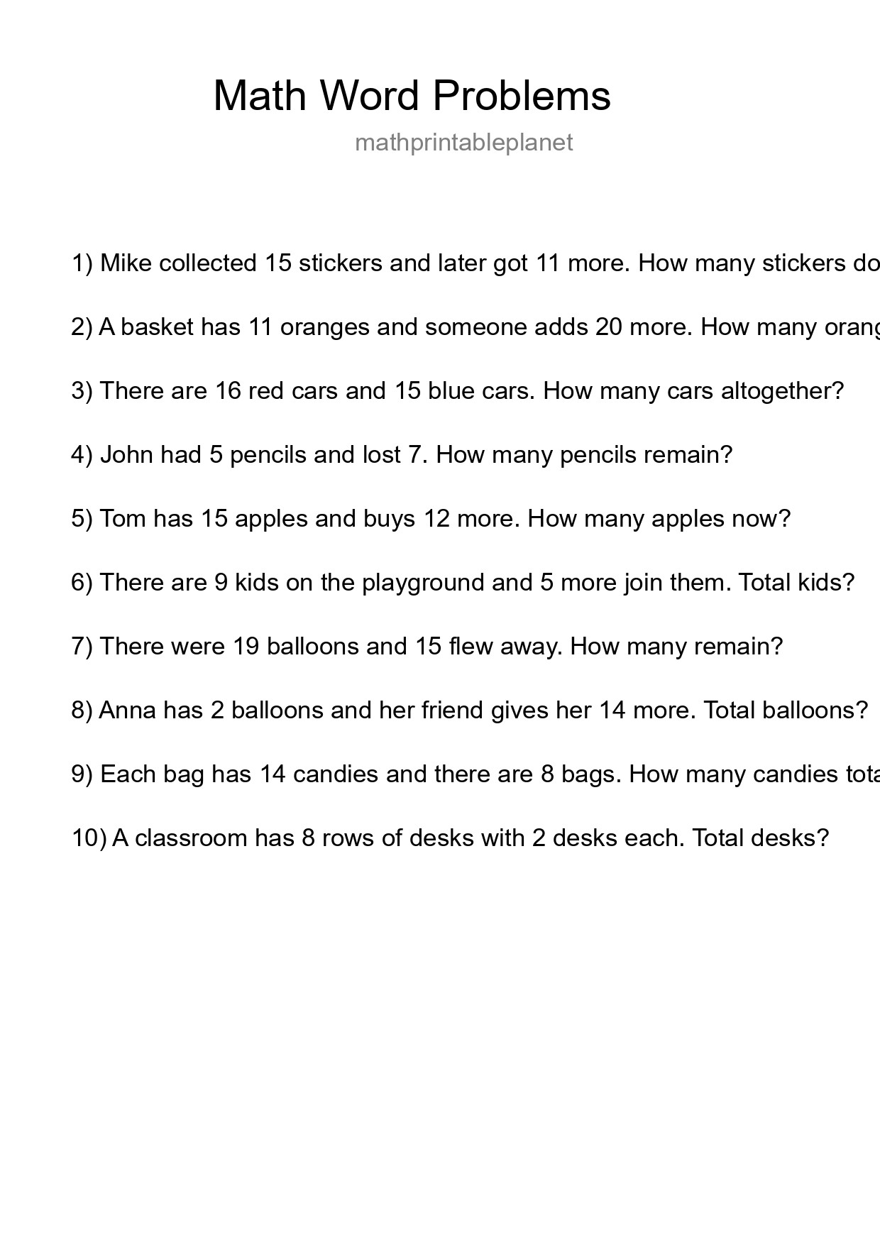 Math Word Problem Worksheet