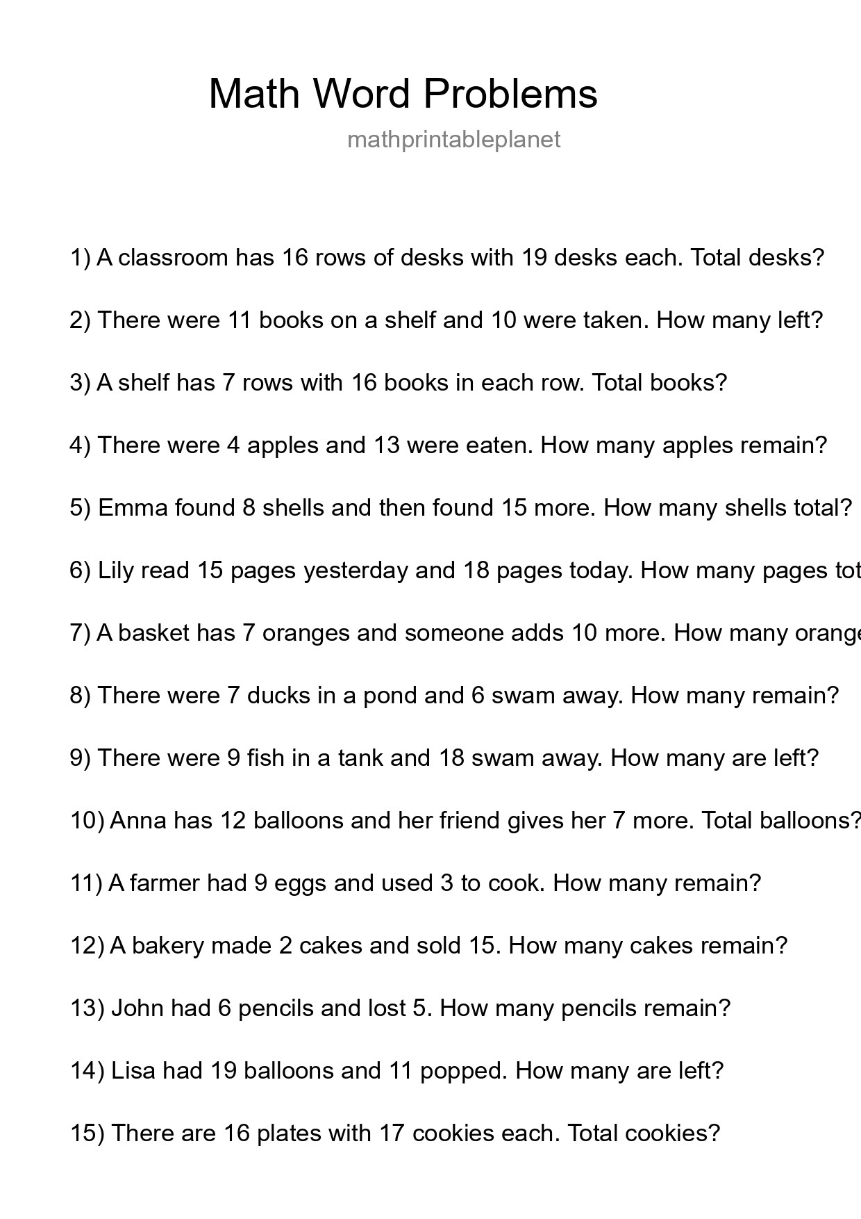 Math Word Problem Worksheet