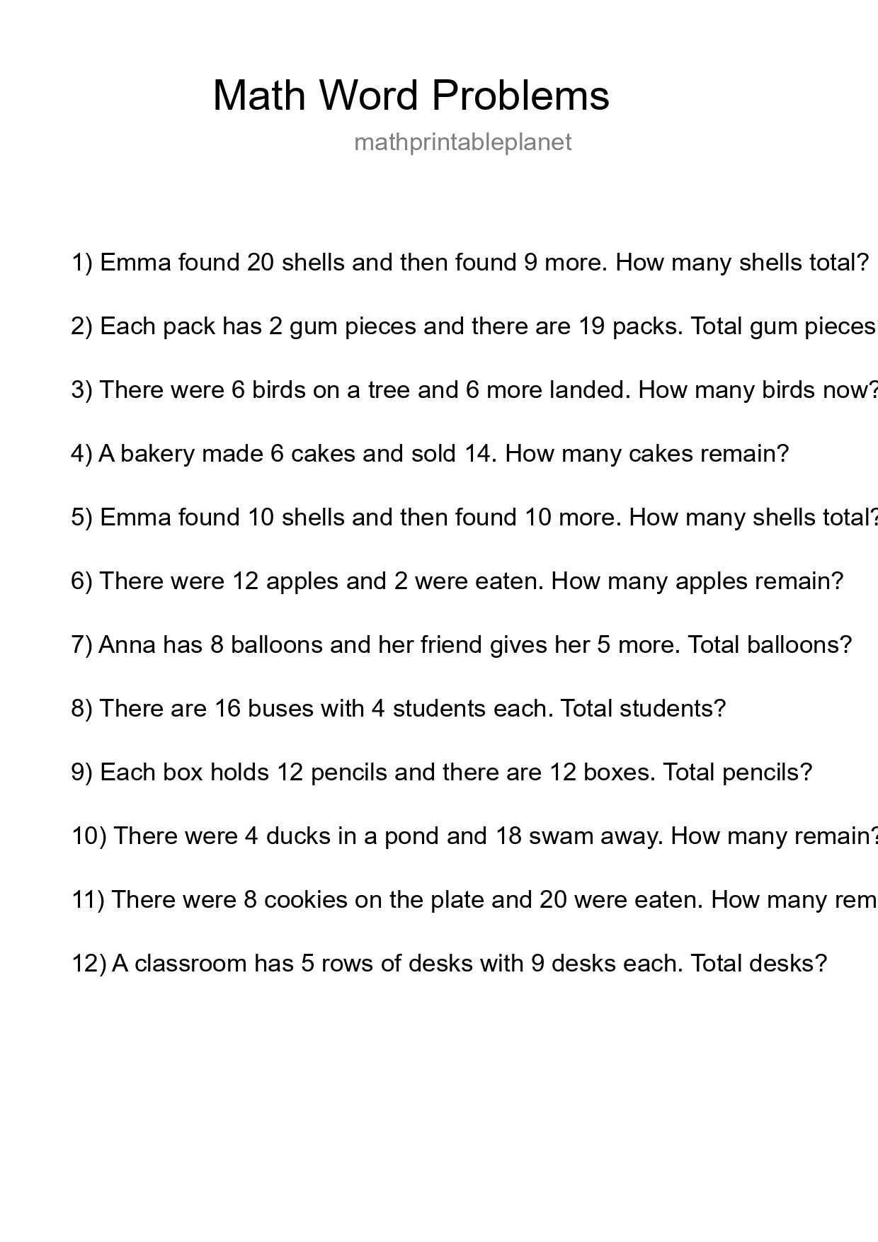 Math Word Problem Worksheet