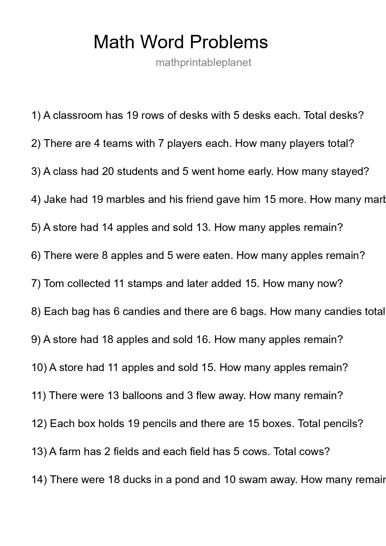 Math Word Problem Worksheet