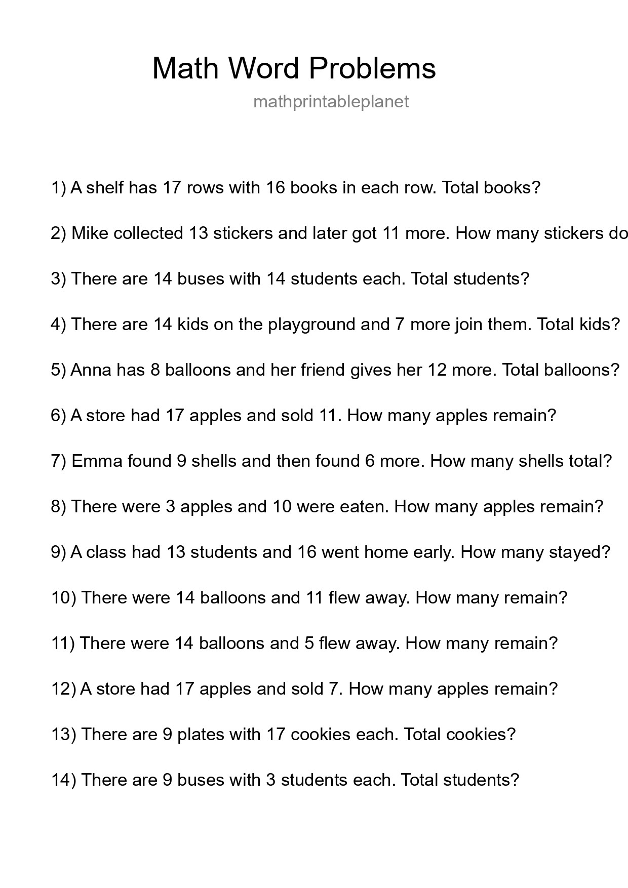 Math Word Problem Worksheet