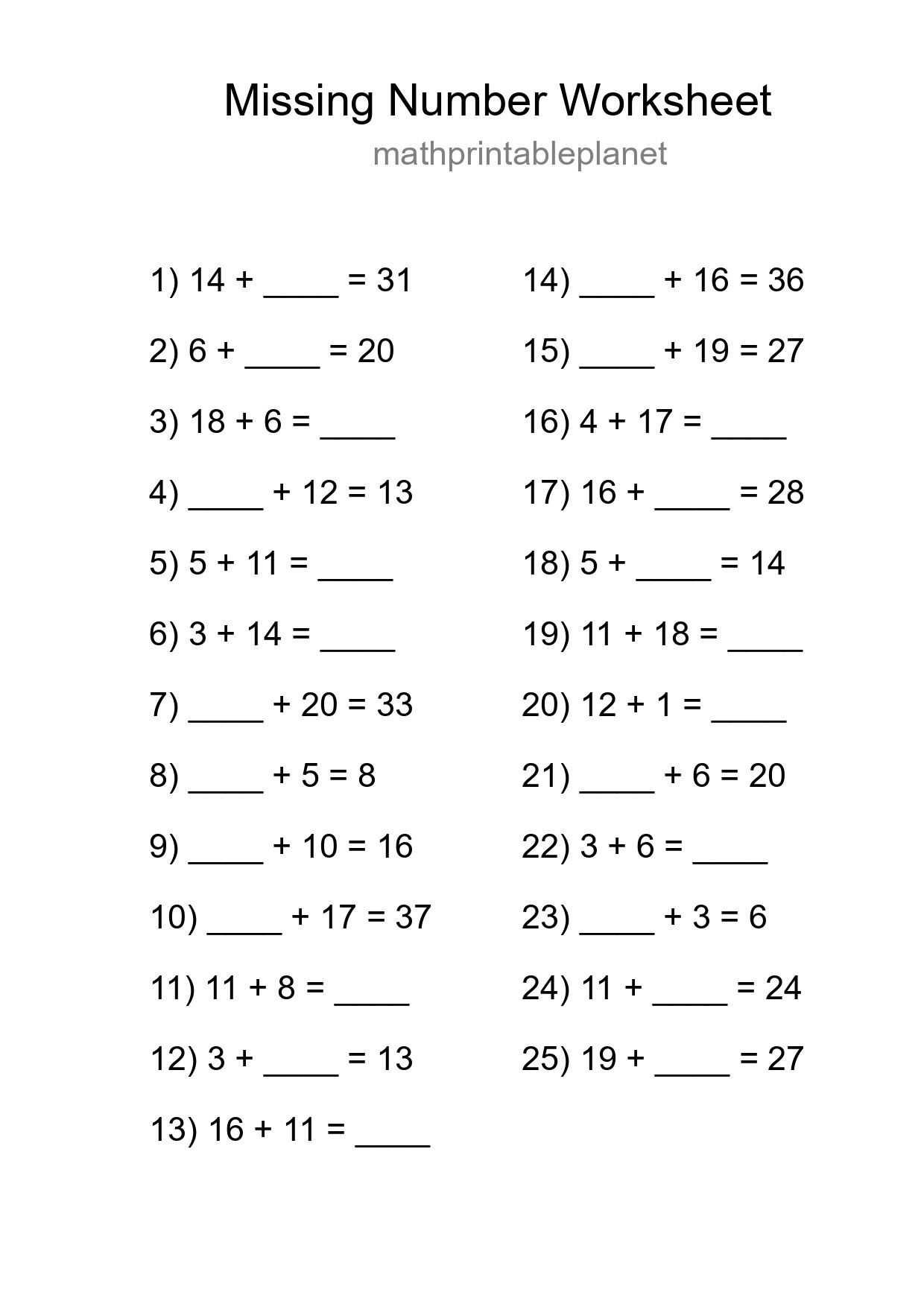 Missing Number Math Worksheet