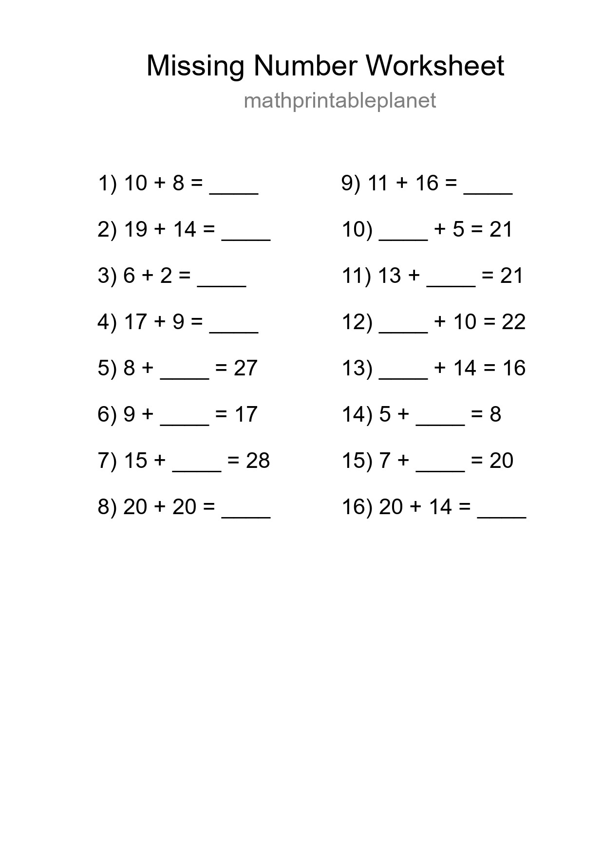 Missing Number Math Worksheet