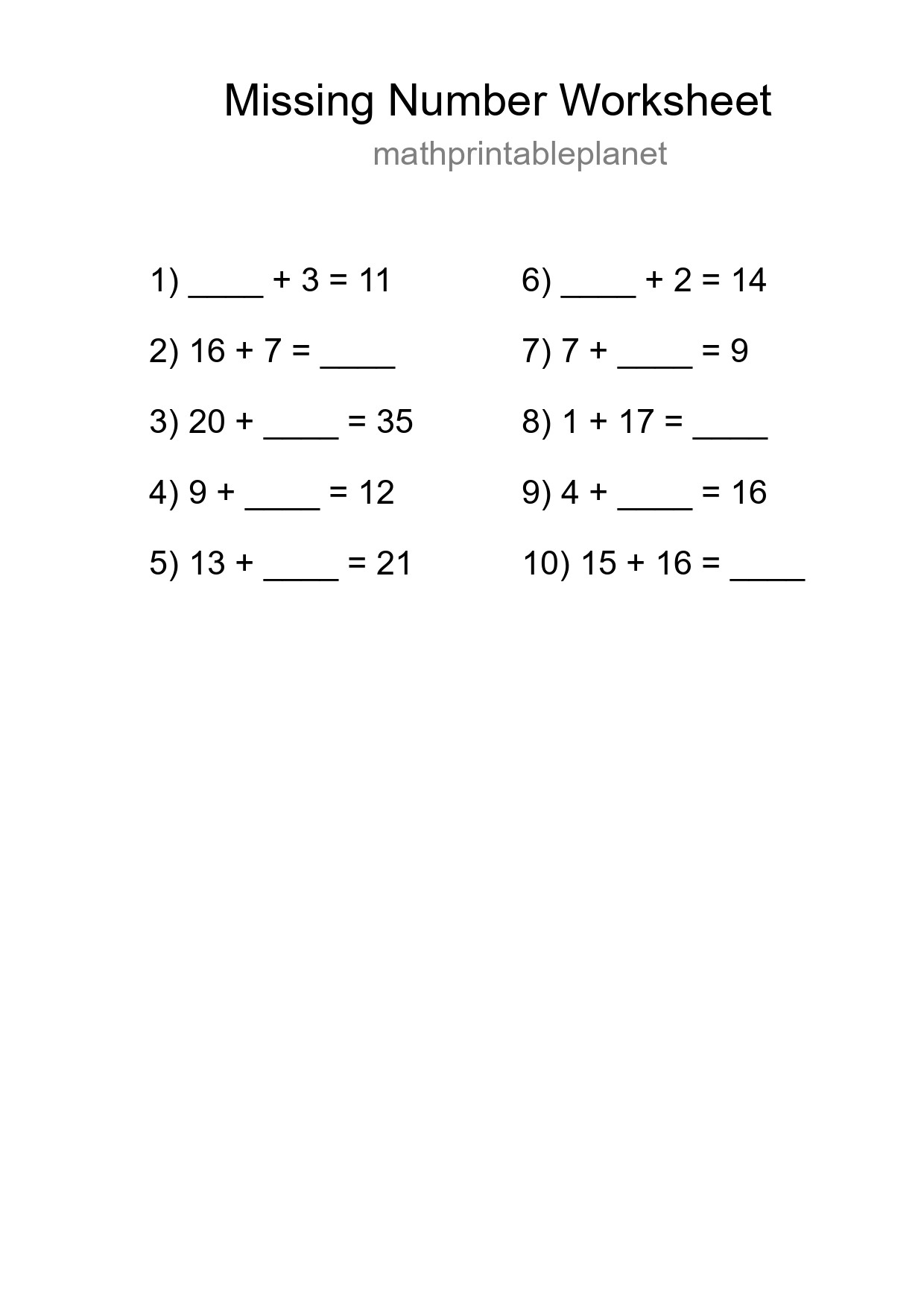 Missing Number Math Worksheet