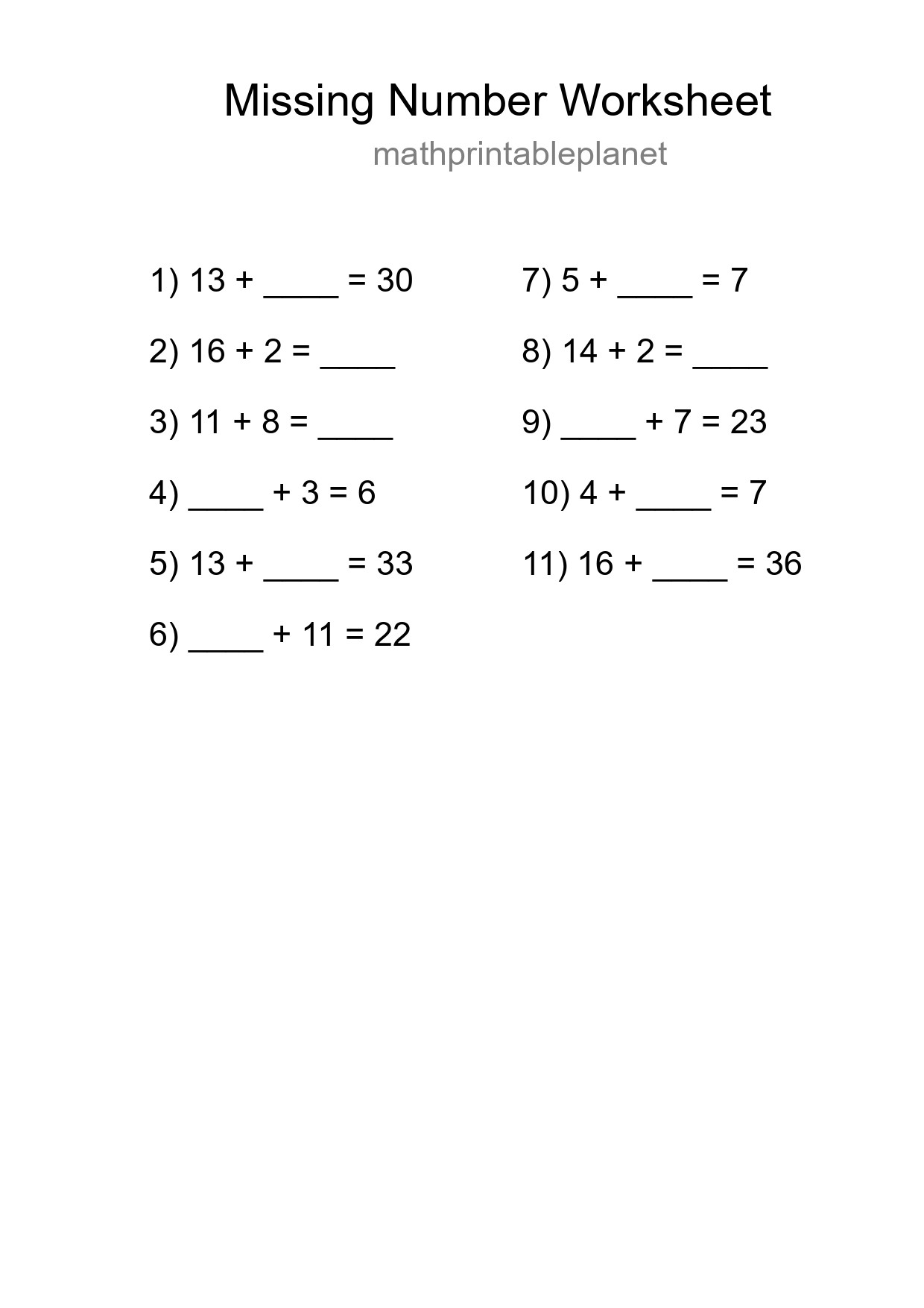 Missing Number Math Worksheet