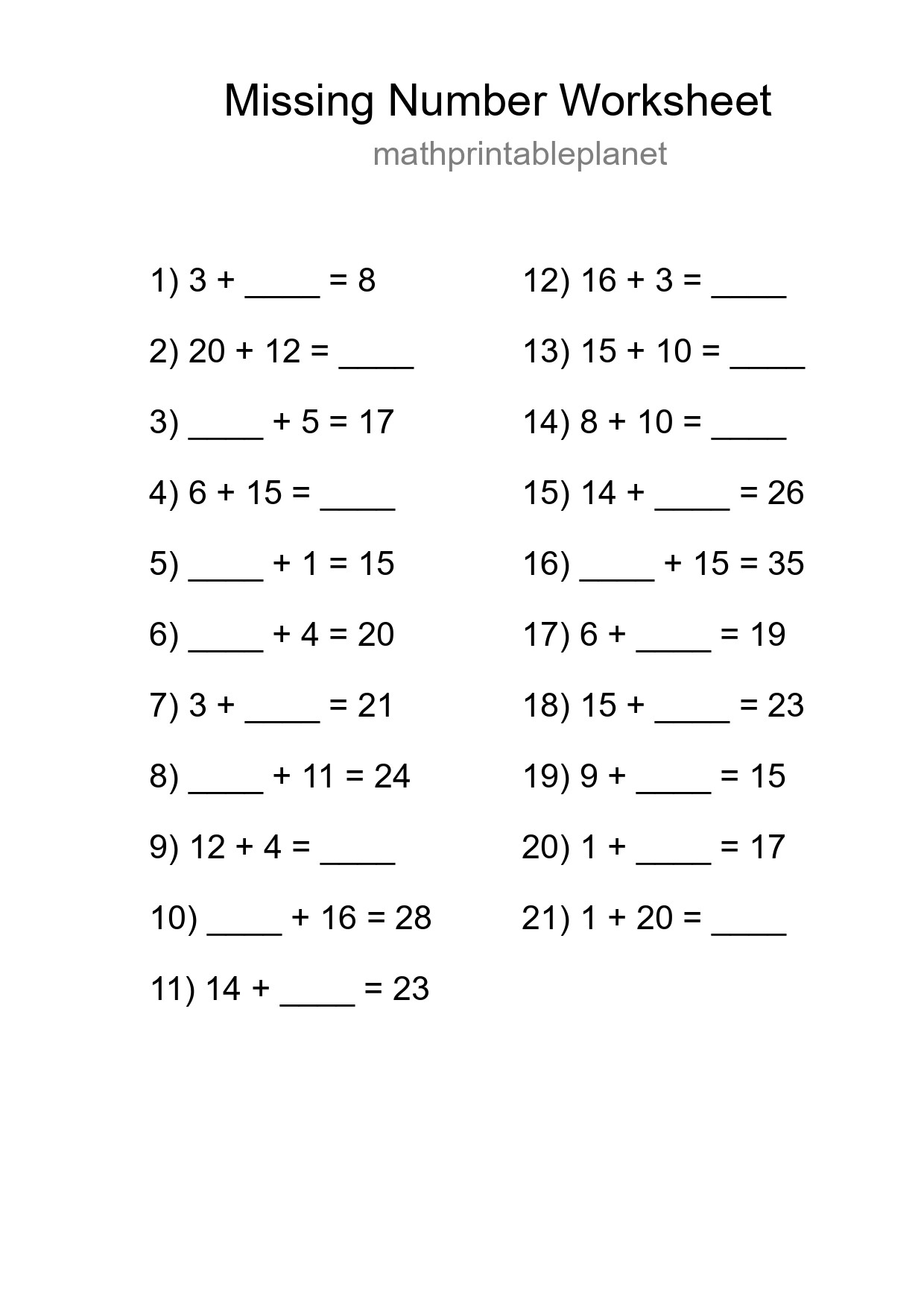 Missing Number Math Worksheet