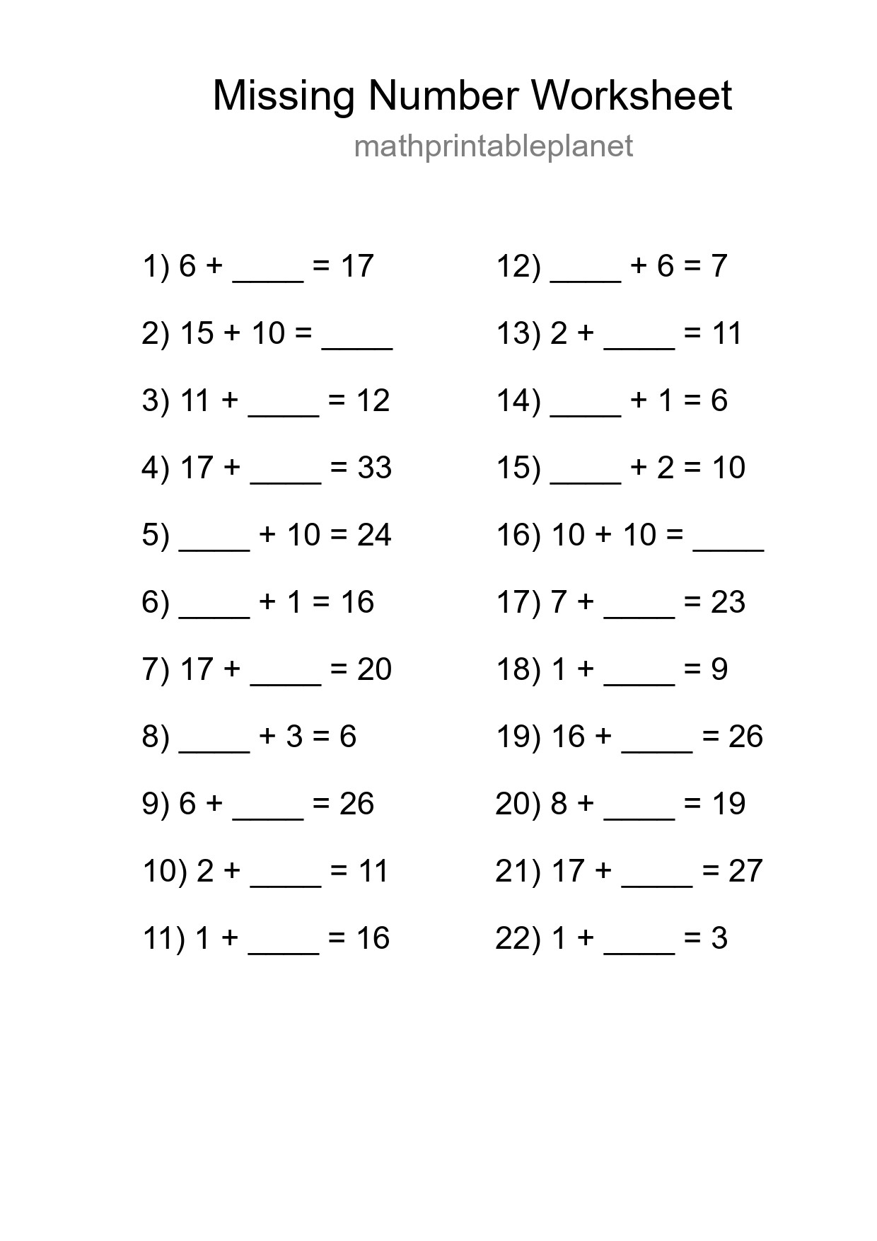 Missing Number Math Worksheet