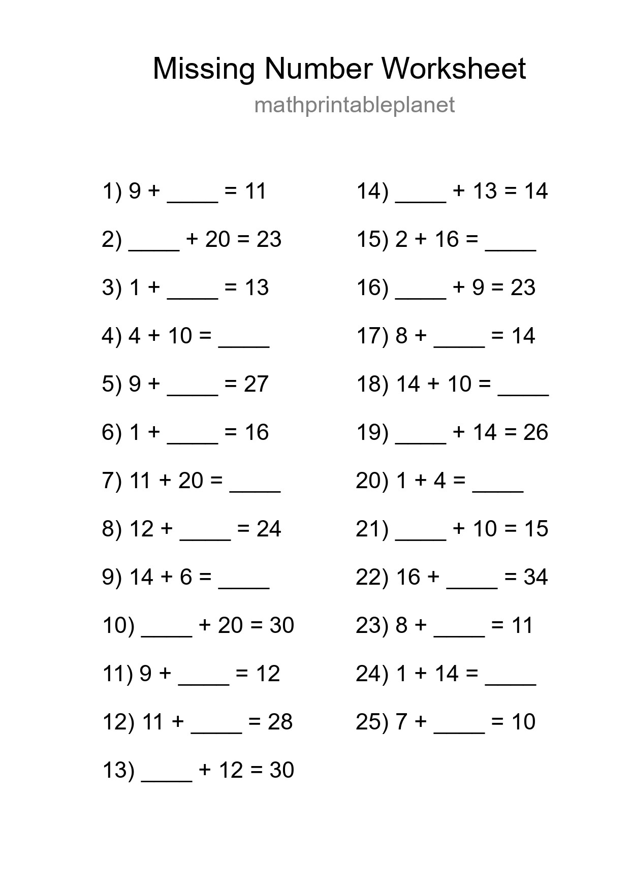 Missing Number Math Worksheet
