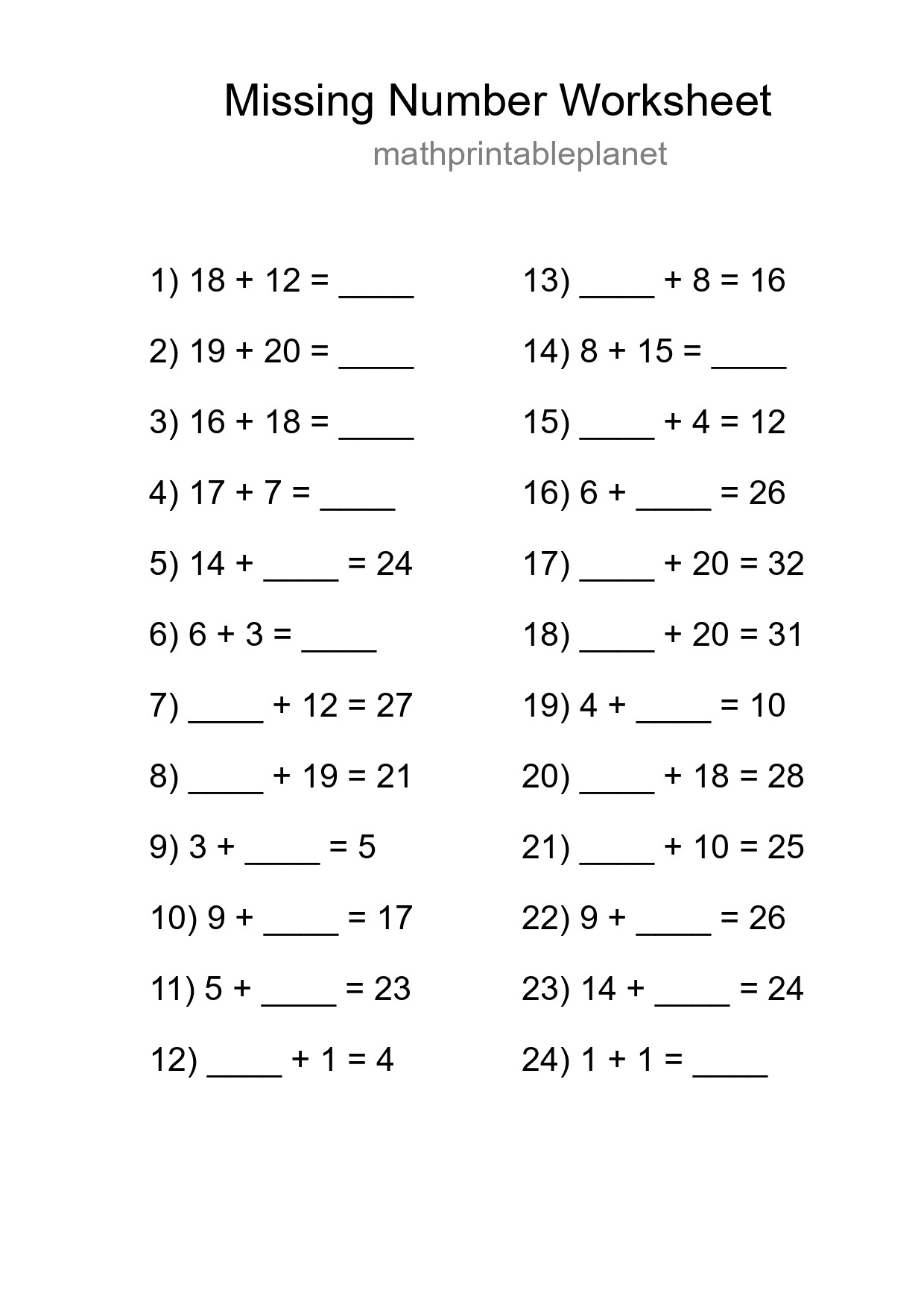 Missing Number Math Worksheet