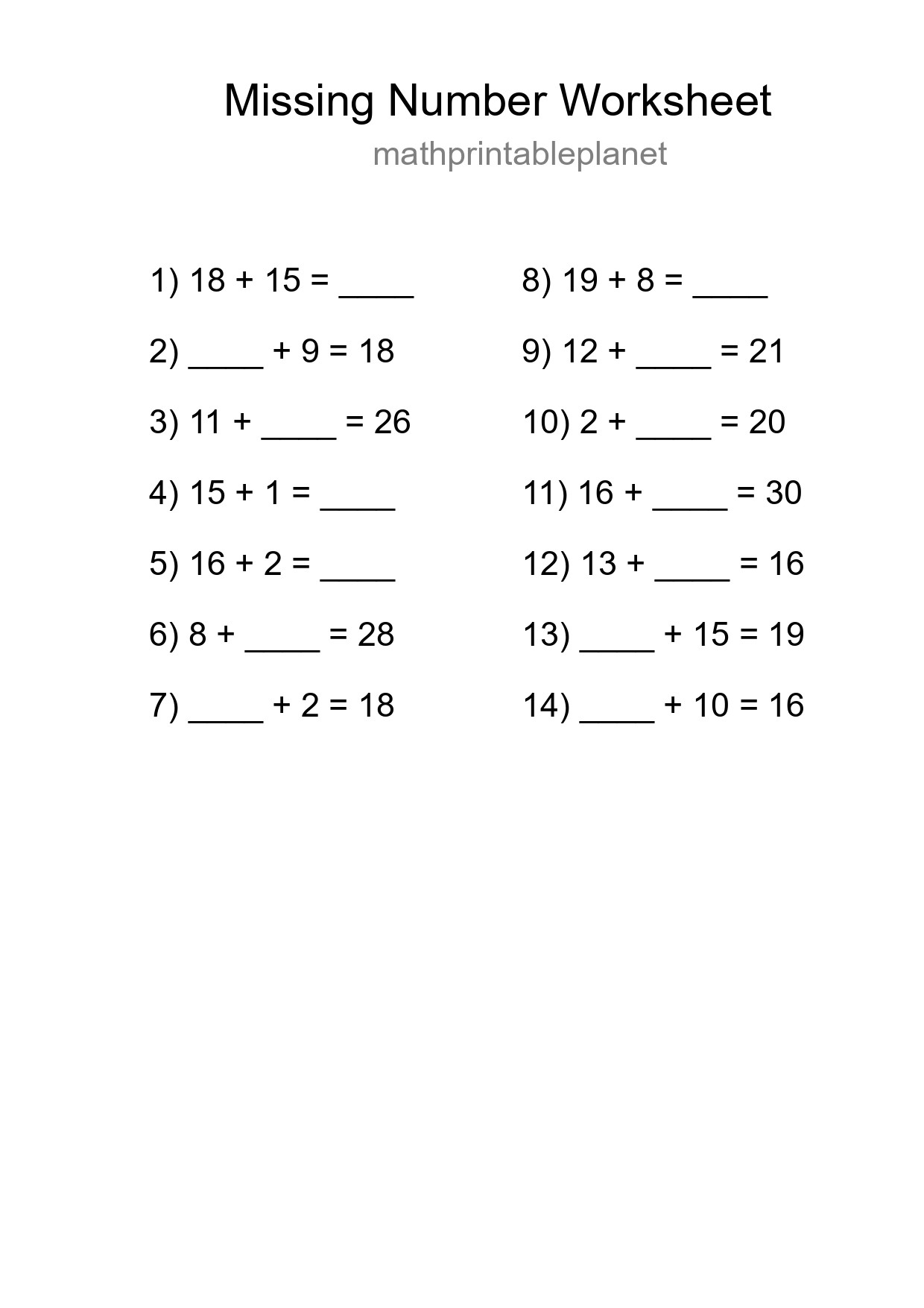 Missing Number Math Worksheet