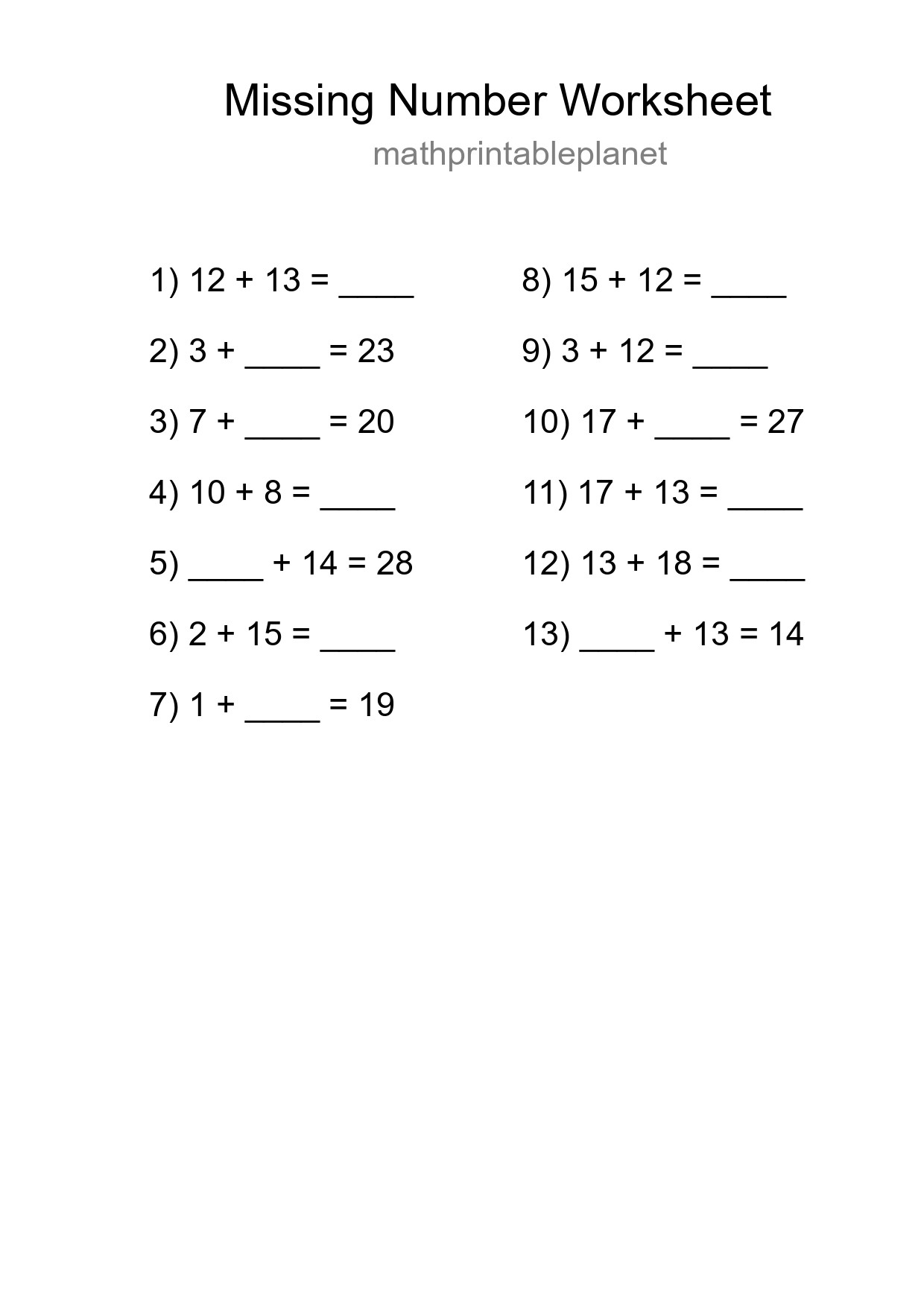 Missing Number Math Worksheet