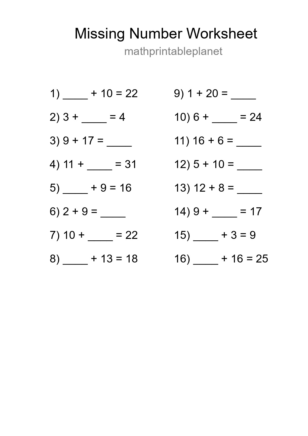 Missing Number Math Worksheet
