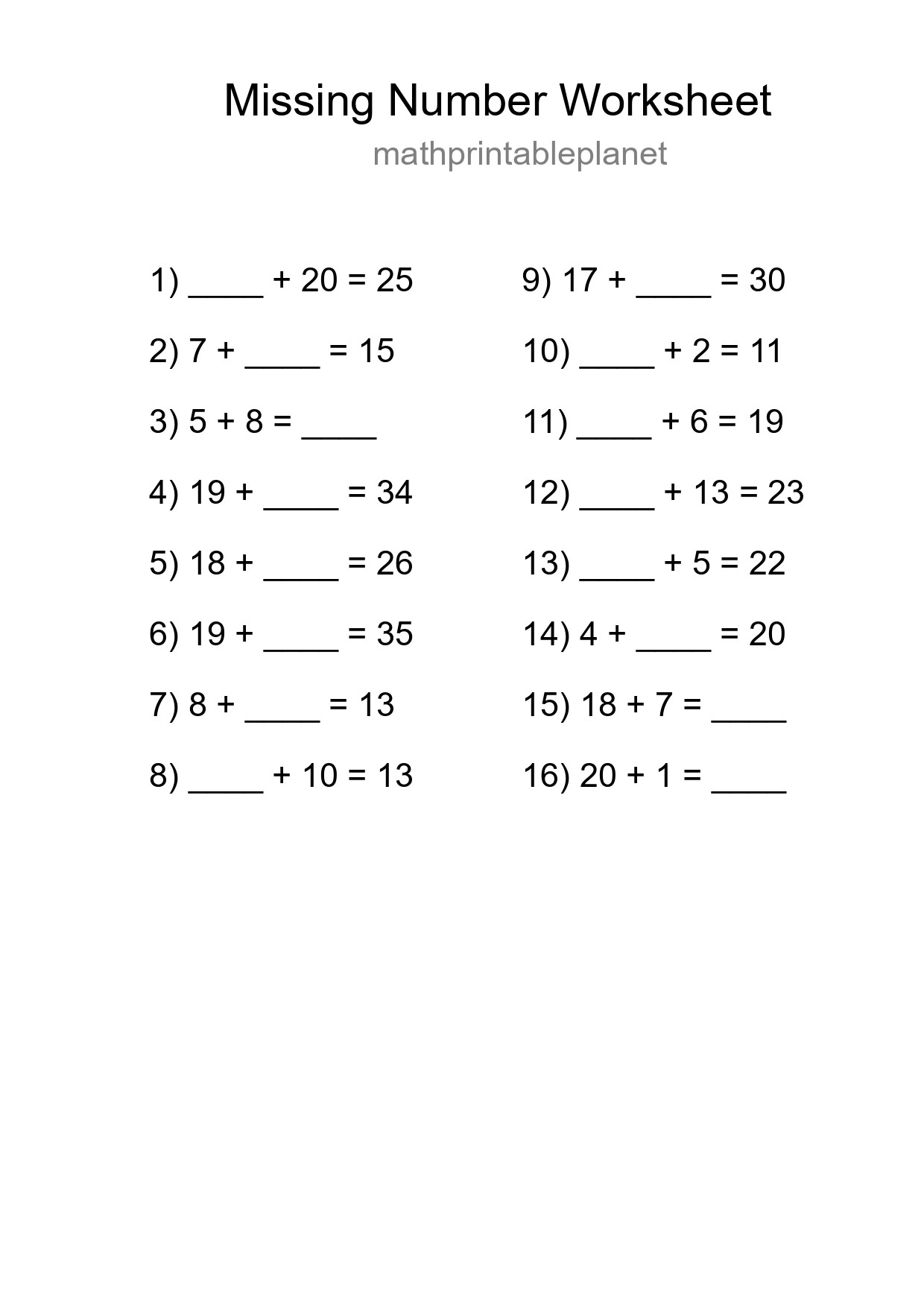 Missing Number Math Worksheet