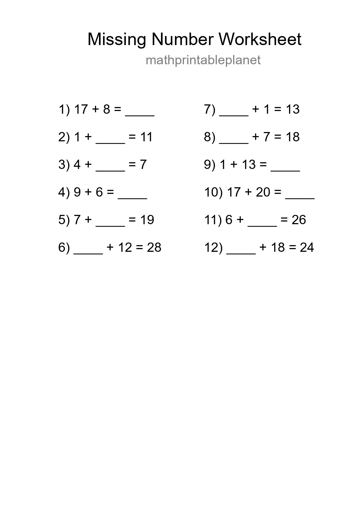 Missing Number Math Worksheet