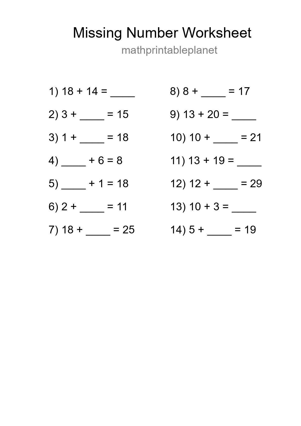 Missing Number Math Worksheet