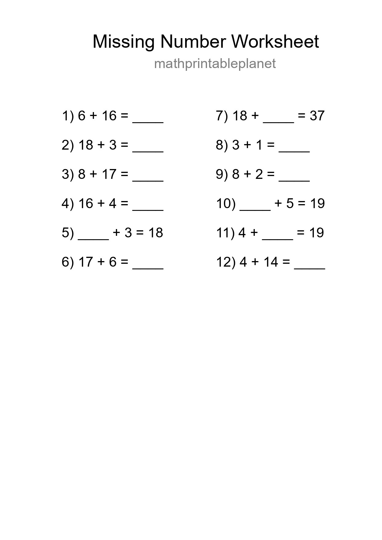Missing Number Math Worksheet