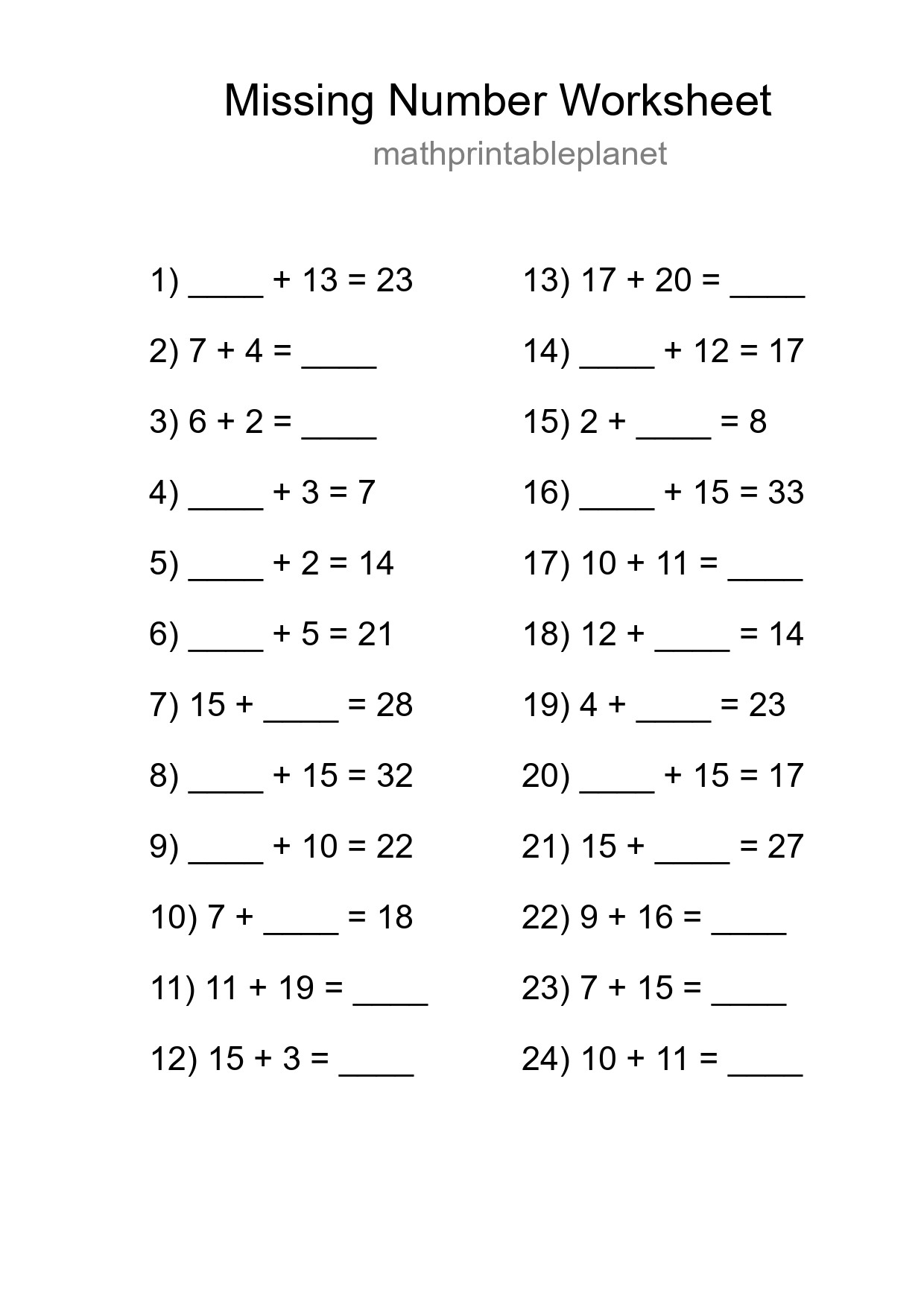 Missing Number Math Worksheet
