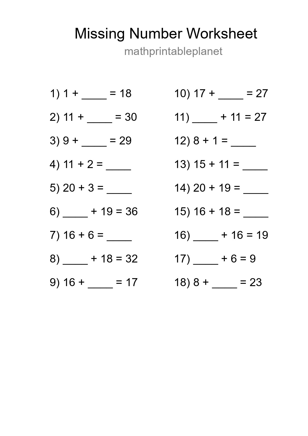 Missing Number Math Worksheet