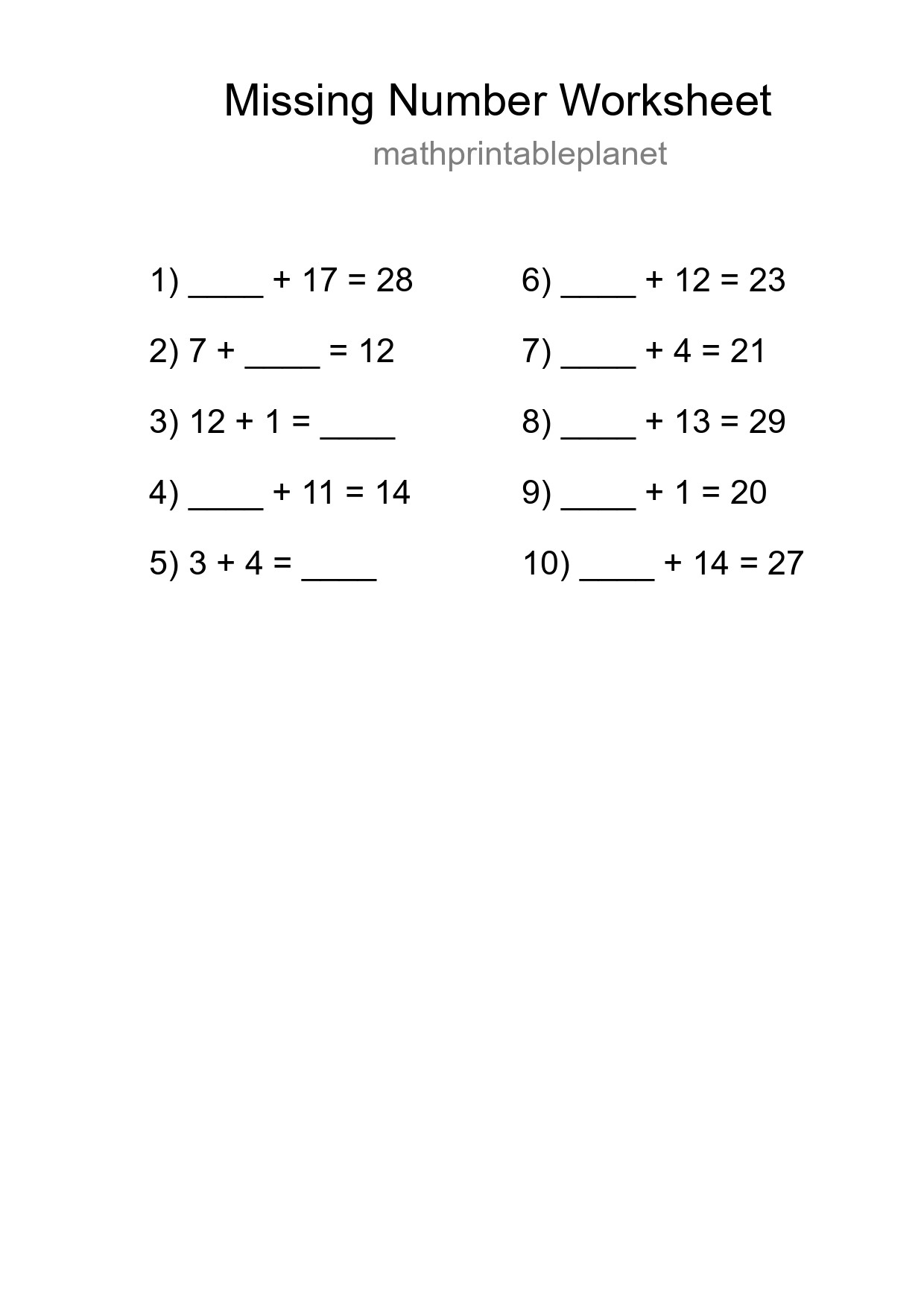 Missing Number Math Worksheet