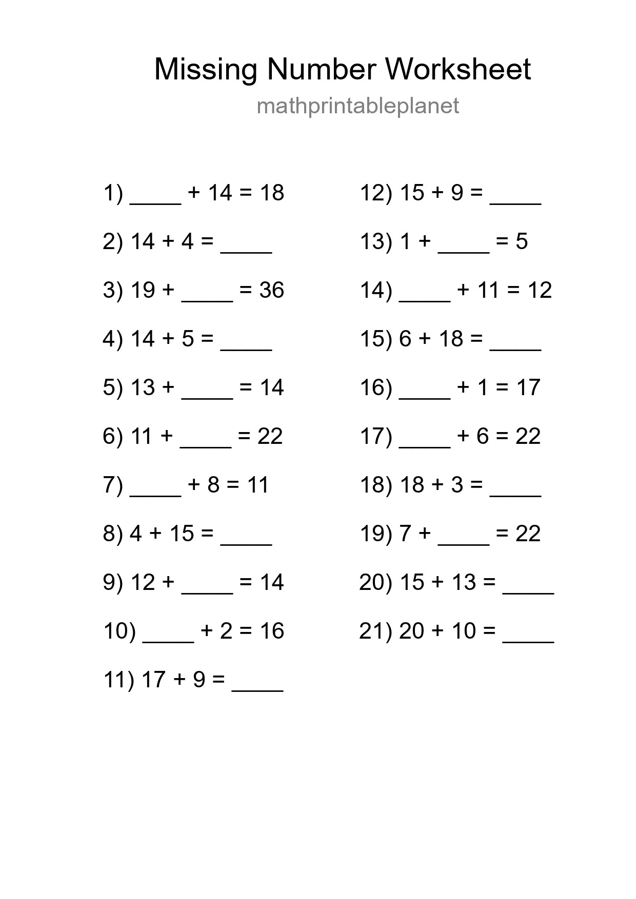 Missing Number Math Worksheet