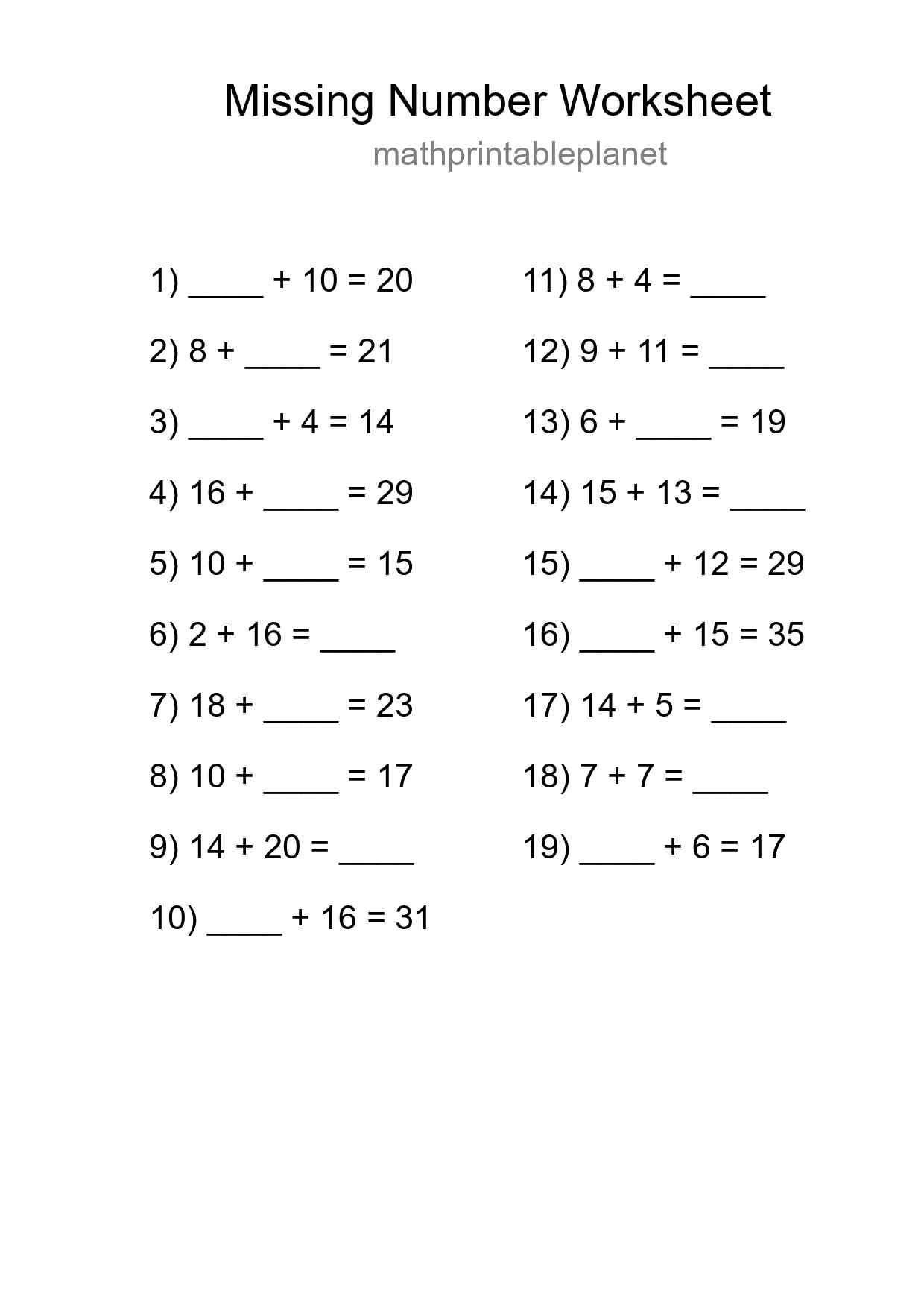 Missing Number Math Worksheet