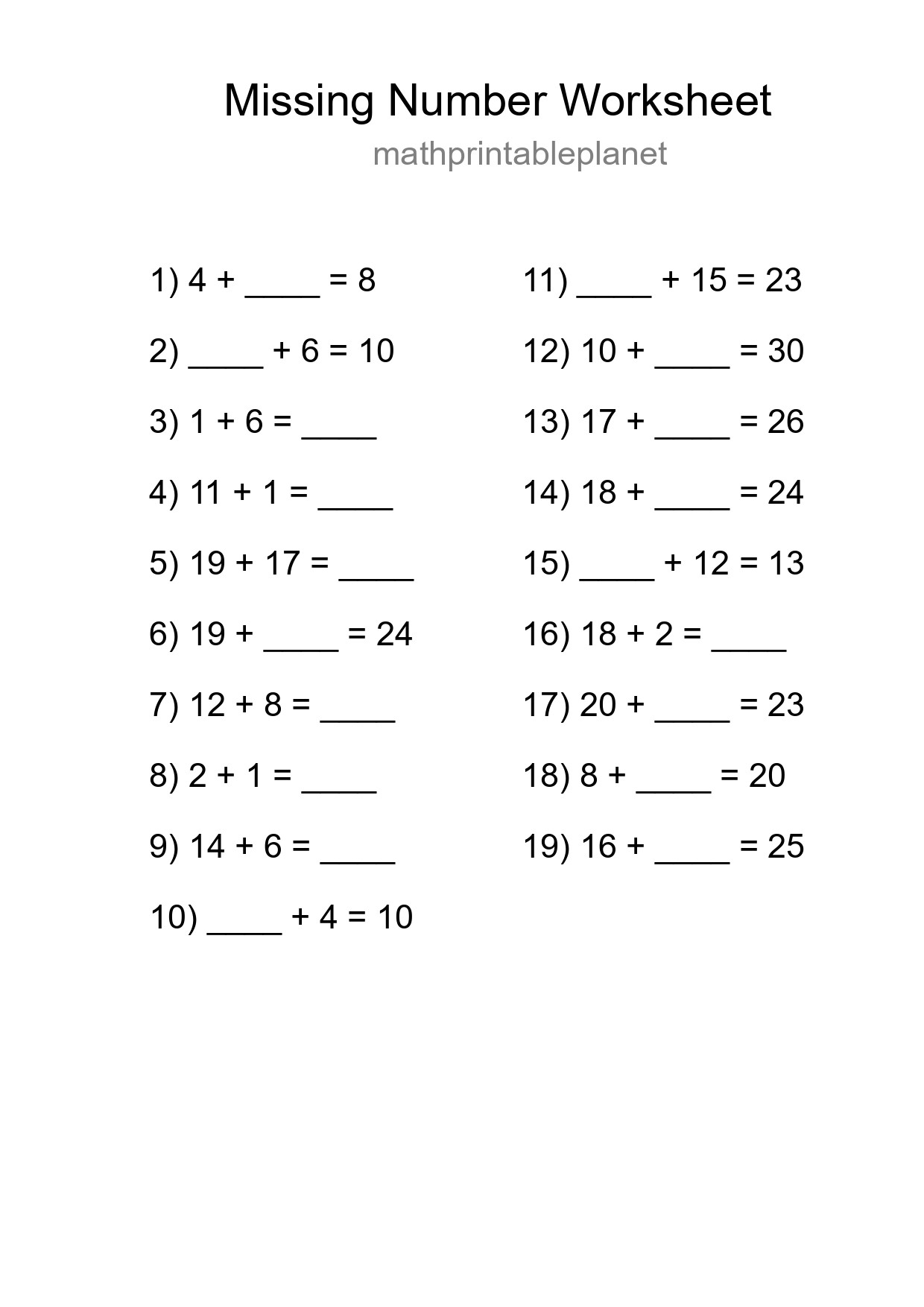 Missing Number Math Worksheet