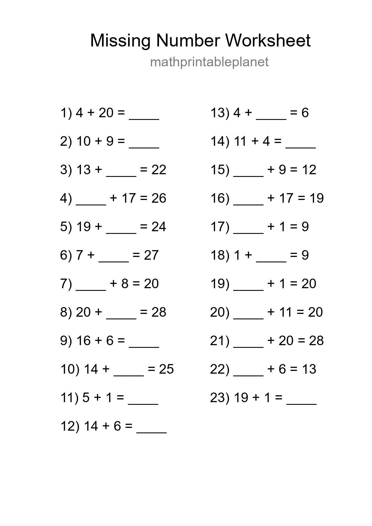 Missing Number Math Worksheet