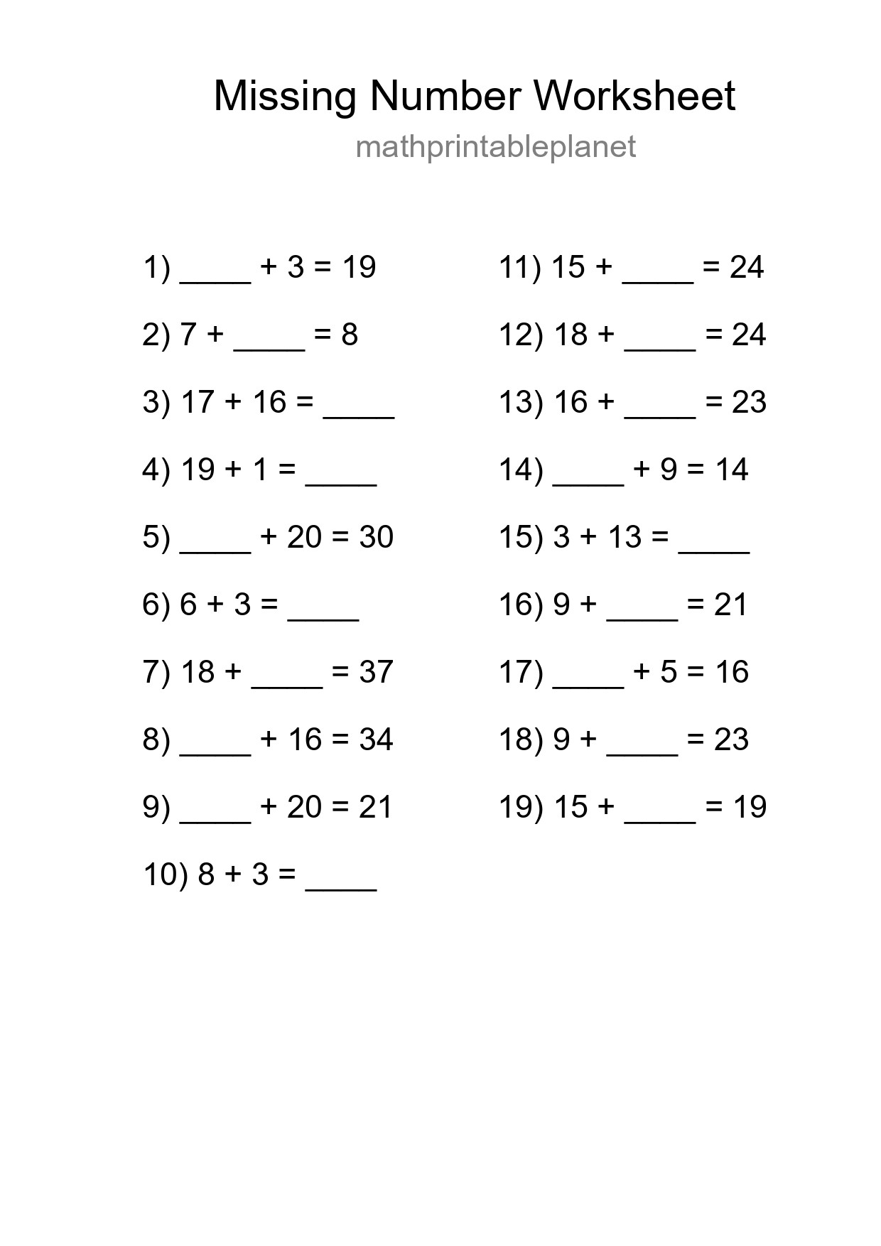 Missing Number Math Worksheet