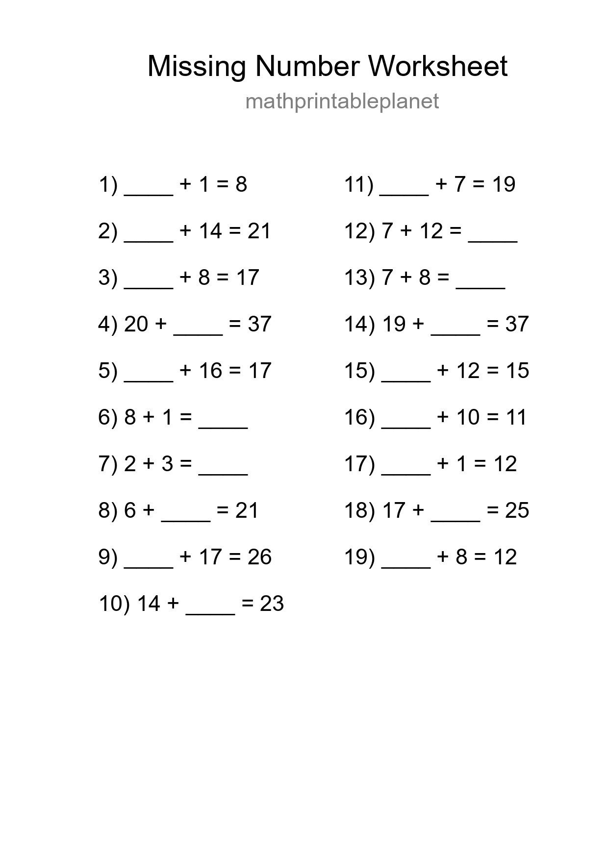Missing Number Math Worksheet