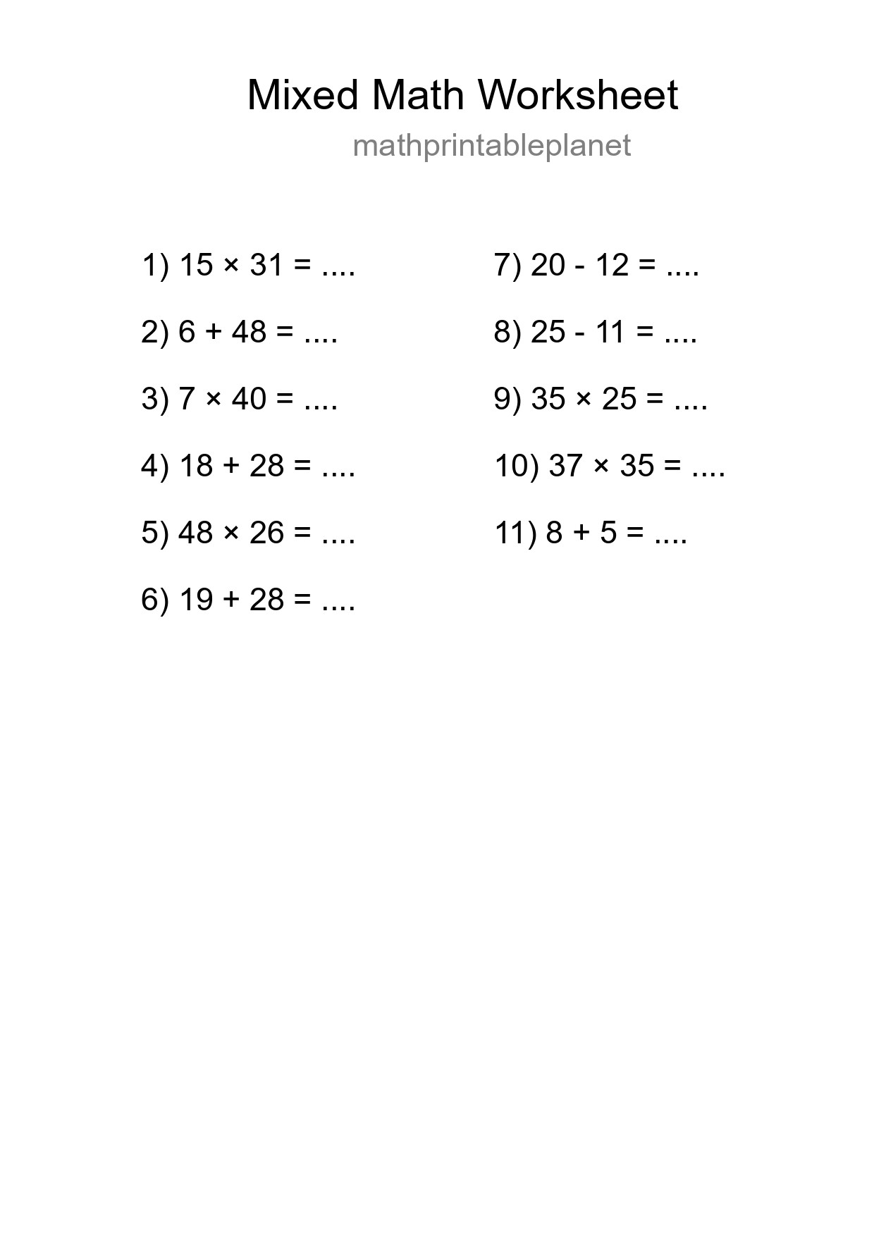 Mixed Operations Math Worksheet