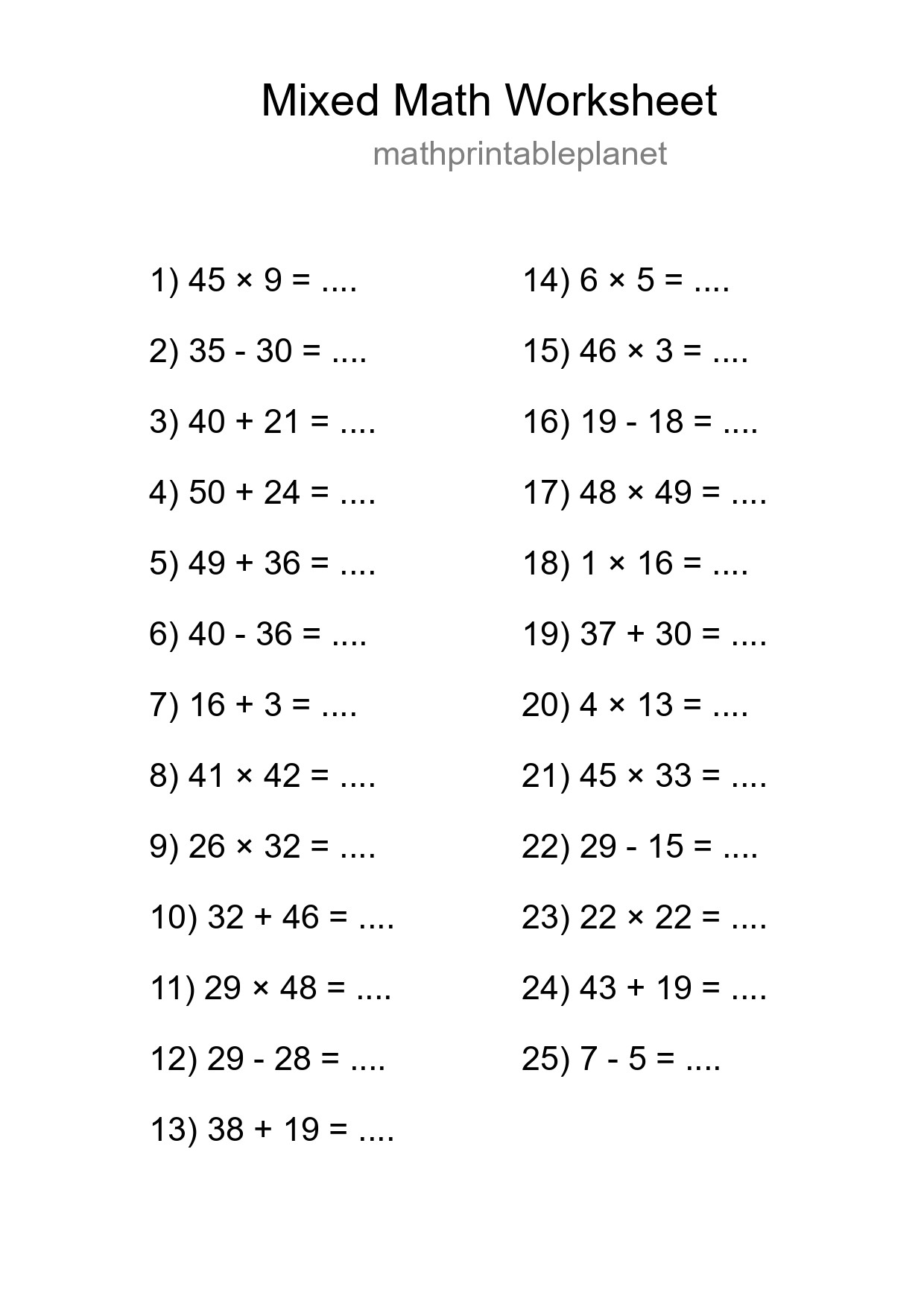 Mixed Operations Math Worksheet
