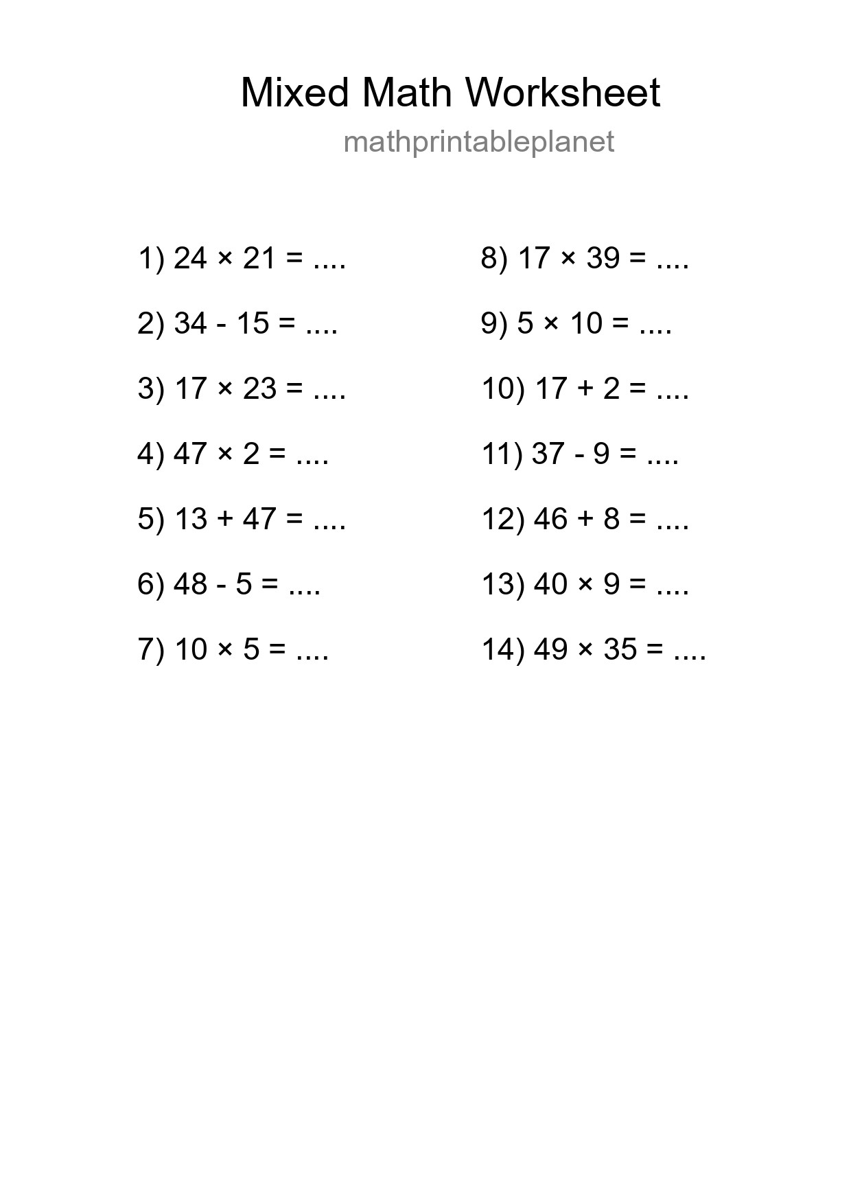 Mixed Operations Math Worksheet