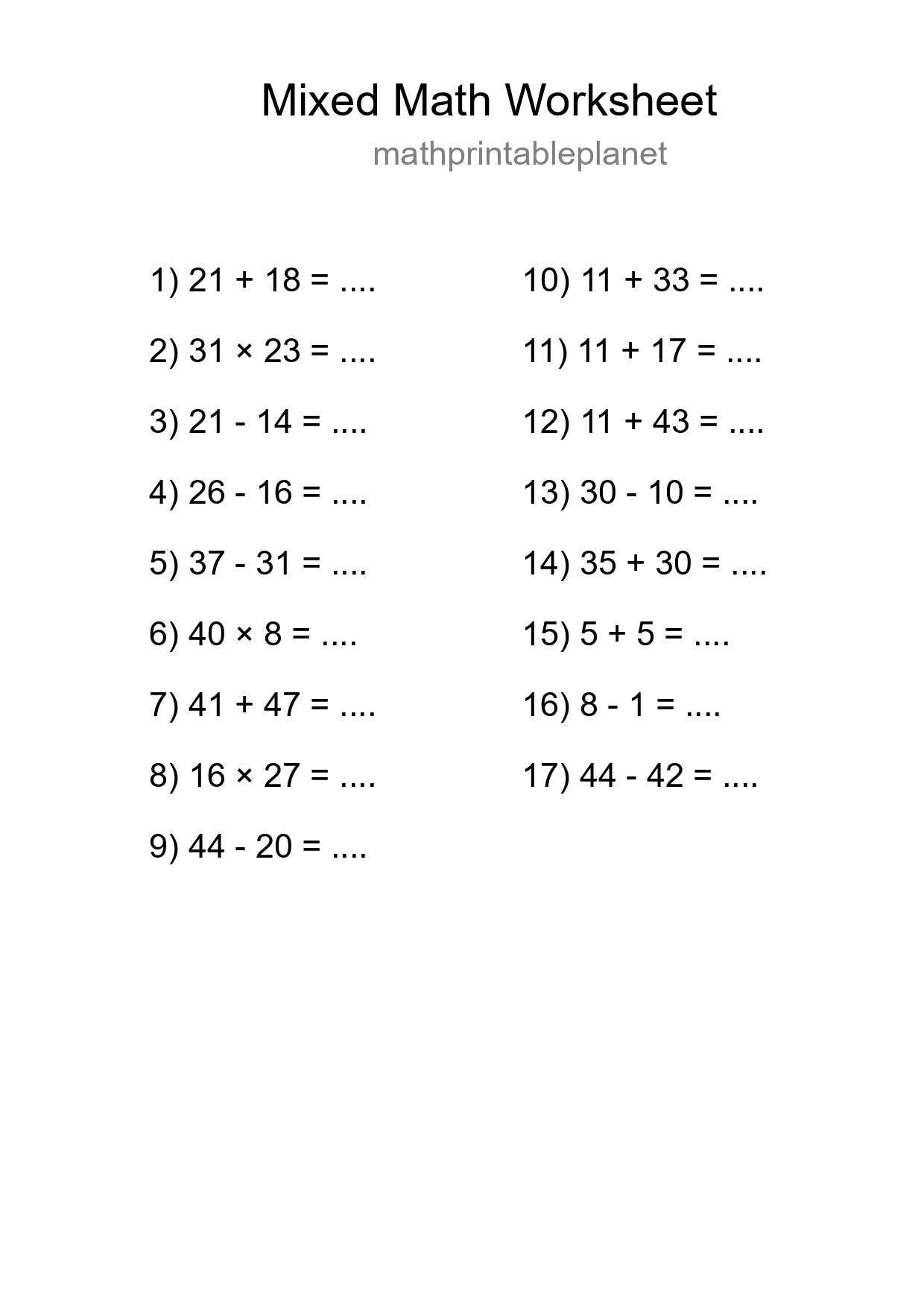 Mixed Operations Math Worksheet