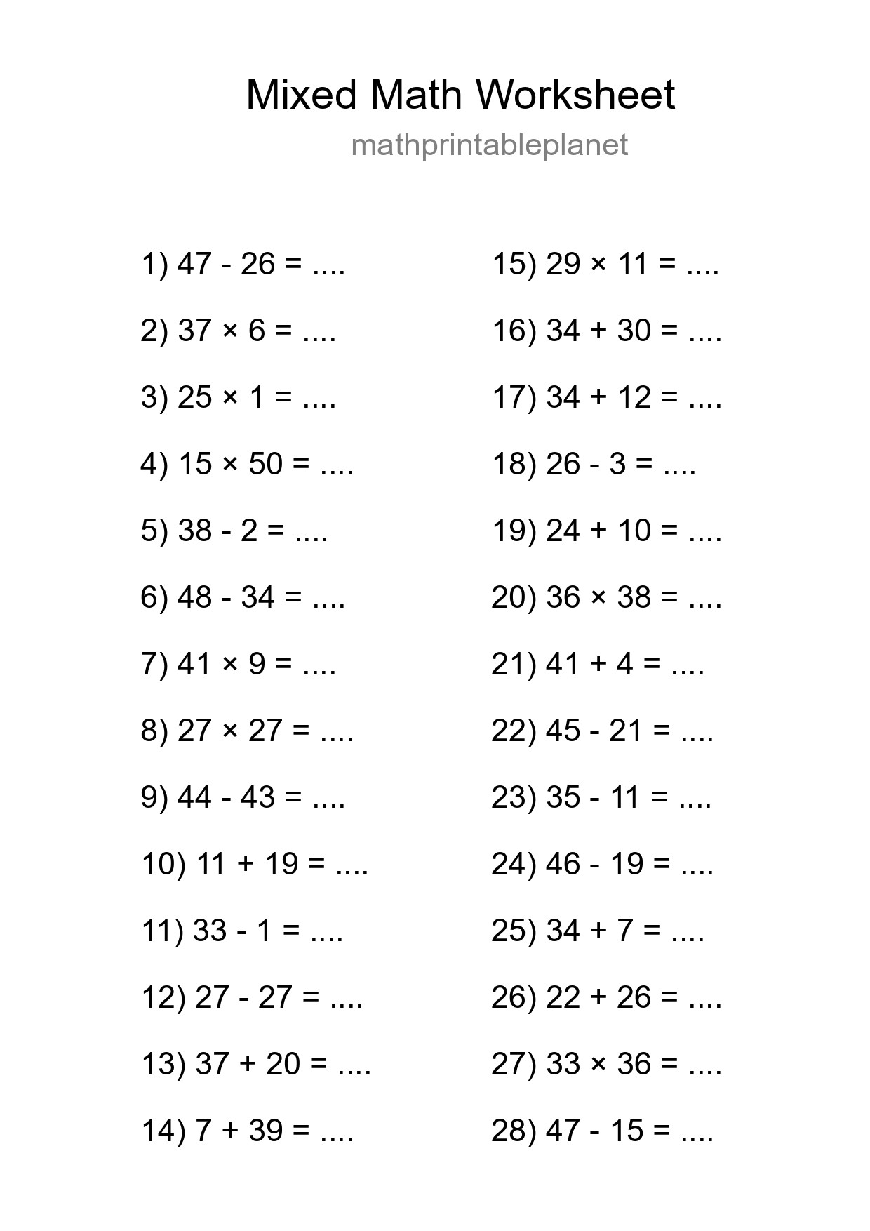 Mixed Operations Math Worksheet