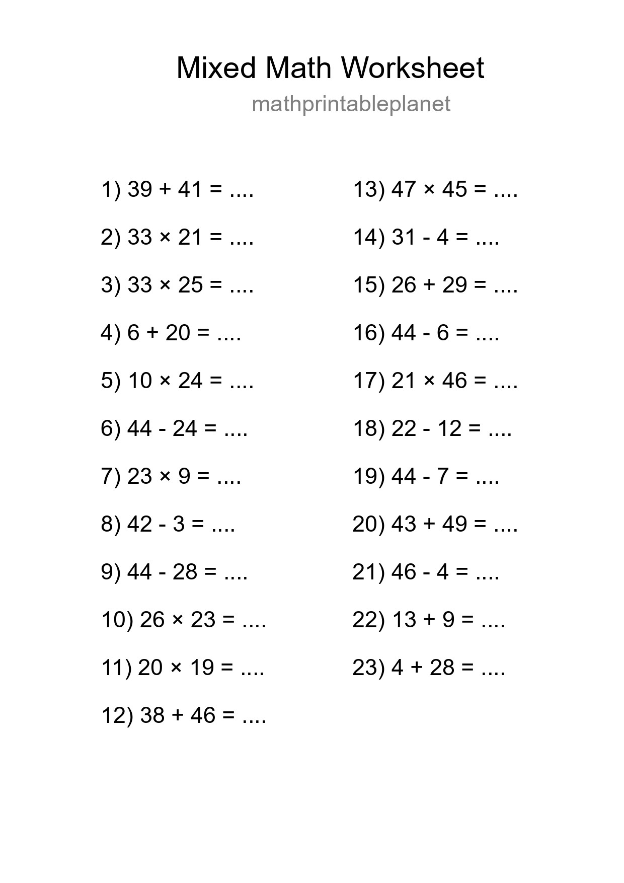 Mixed Operations Math Worksheet