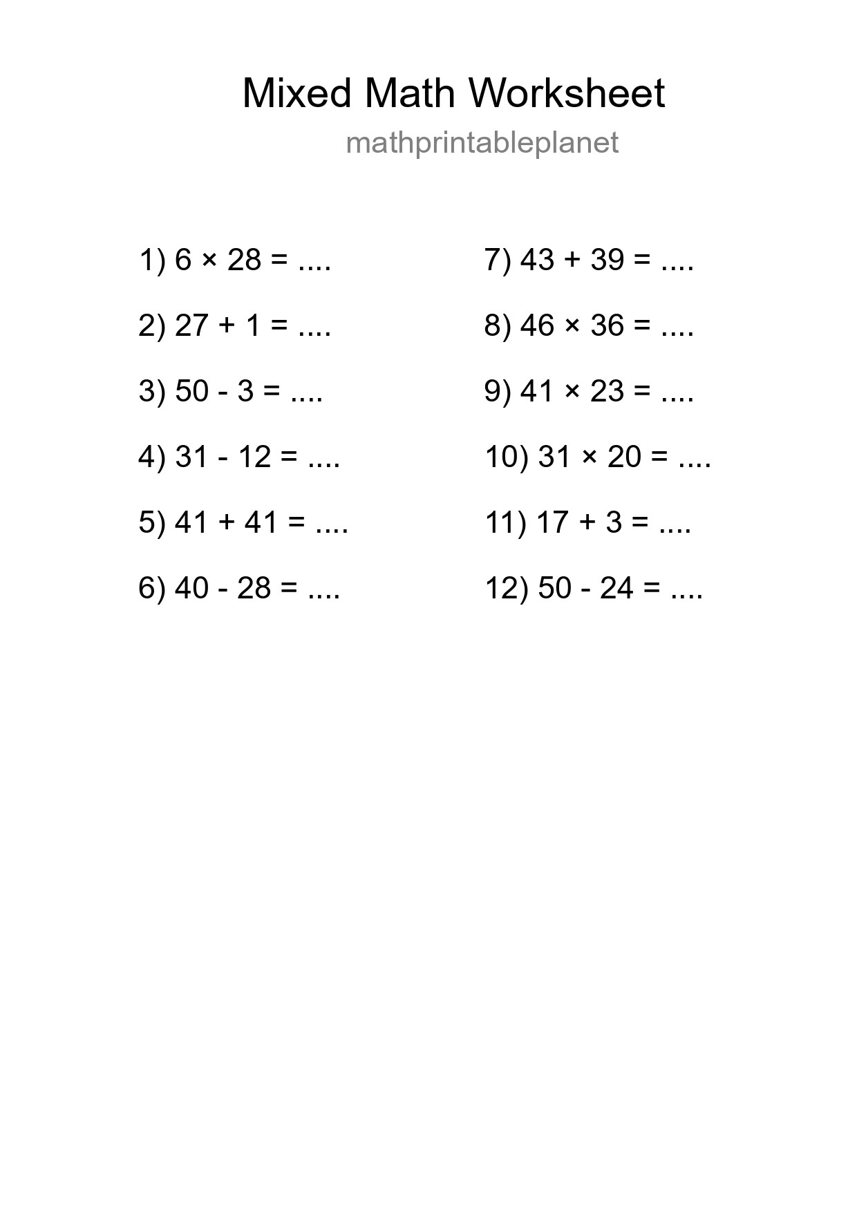 Mixed Operations Math Worksheet