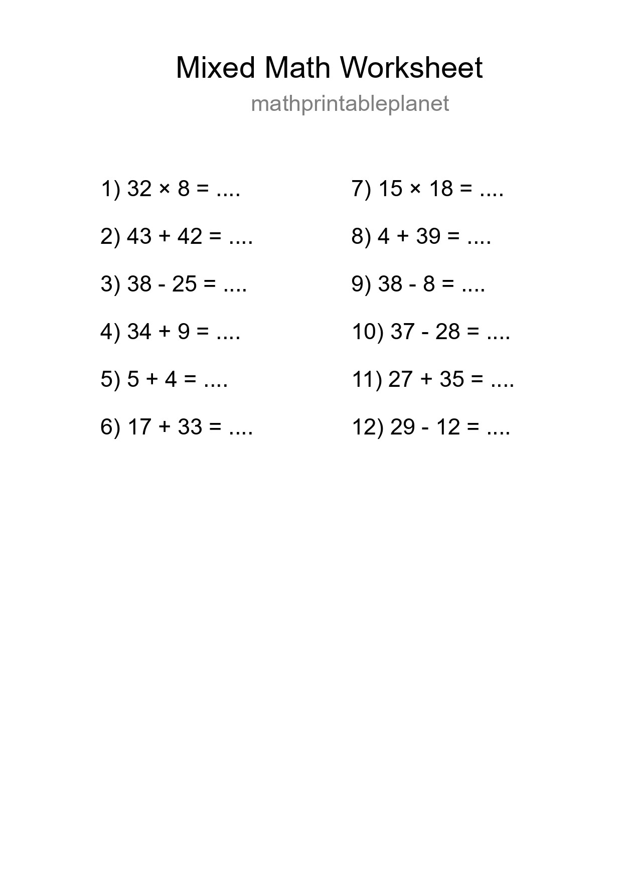 Mixed Operations Math Worksheet