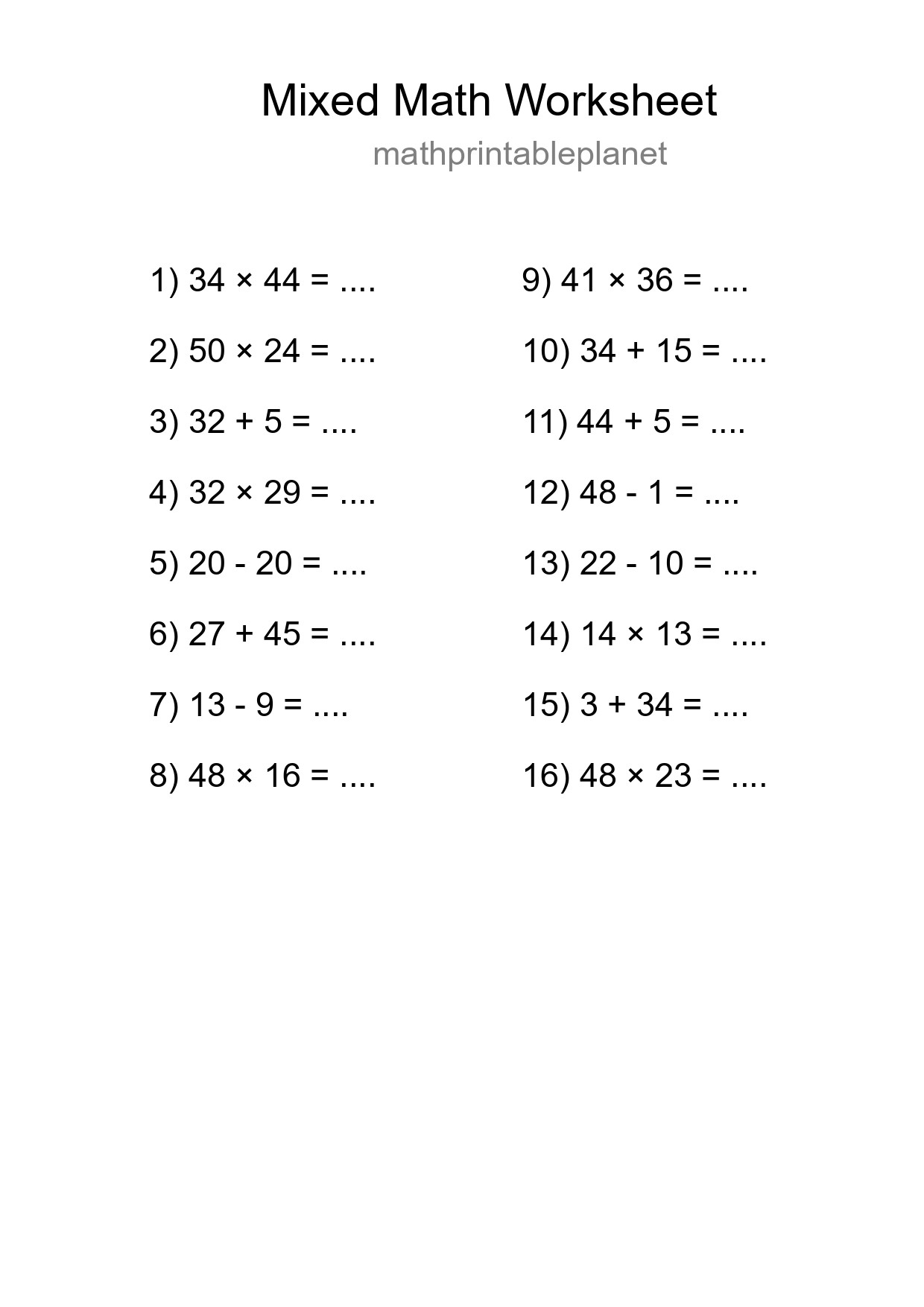 Mixed Operations Math Worksheet