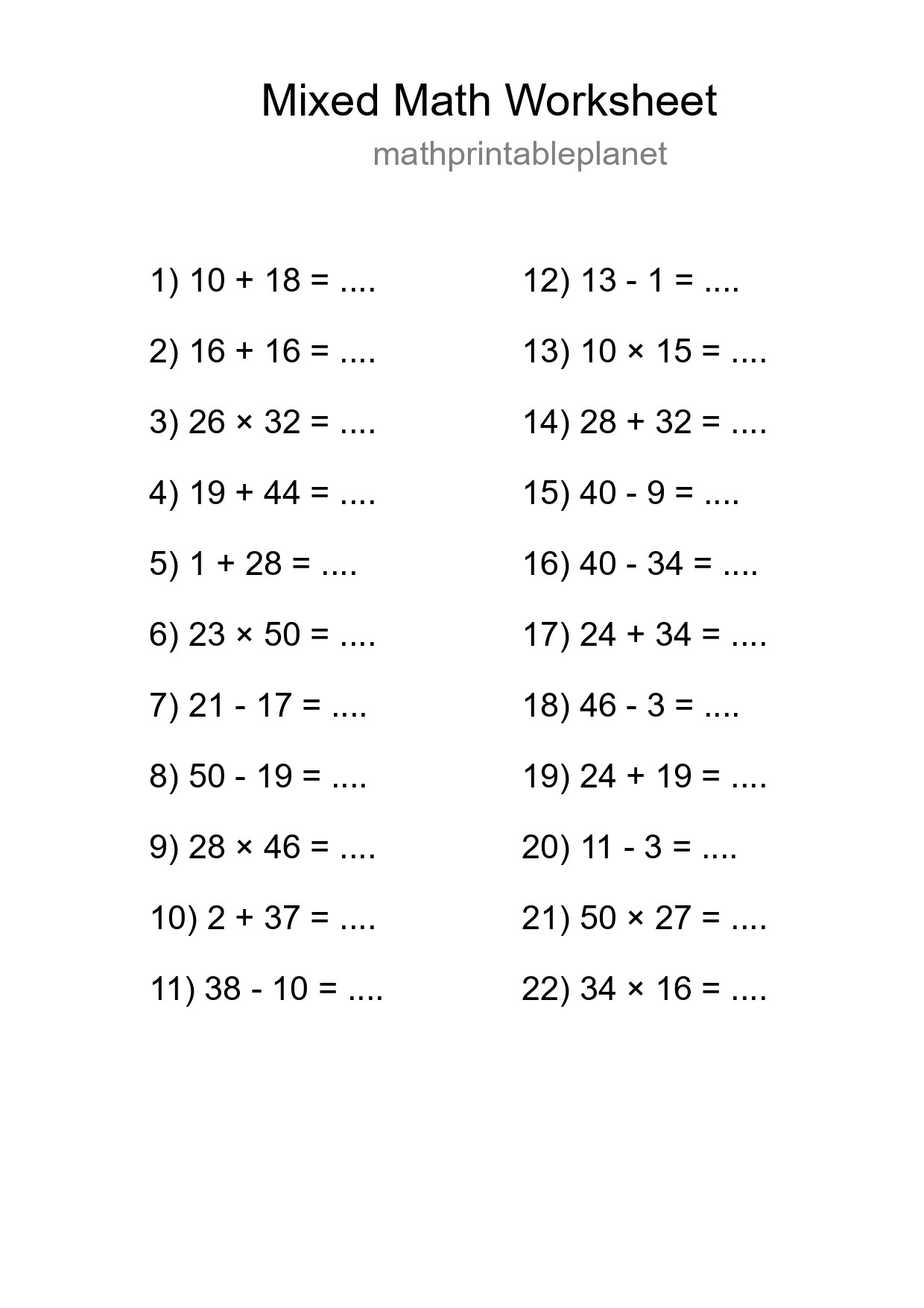 Mixed Operations Math Worksheet