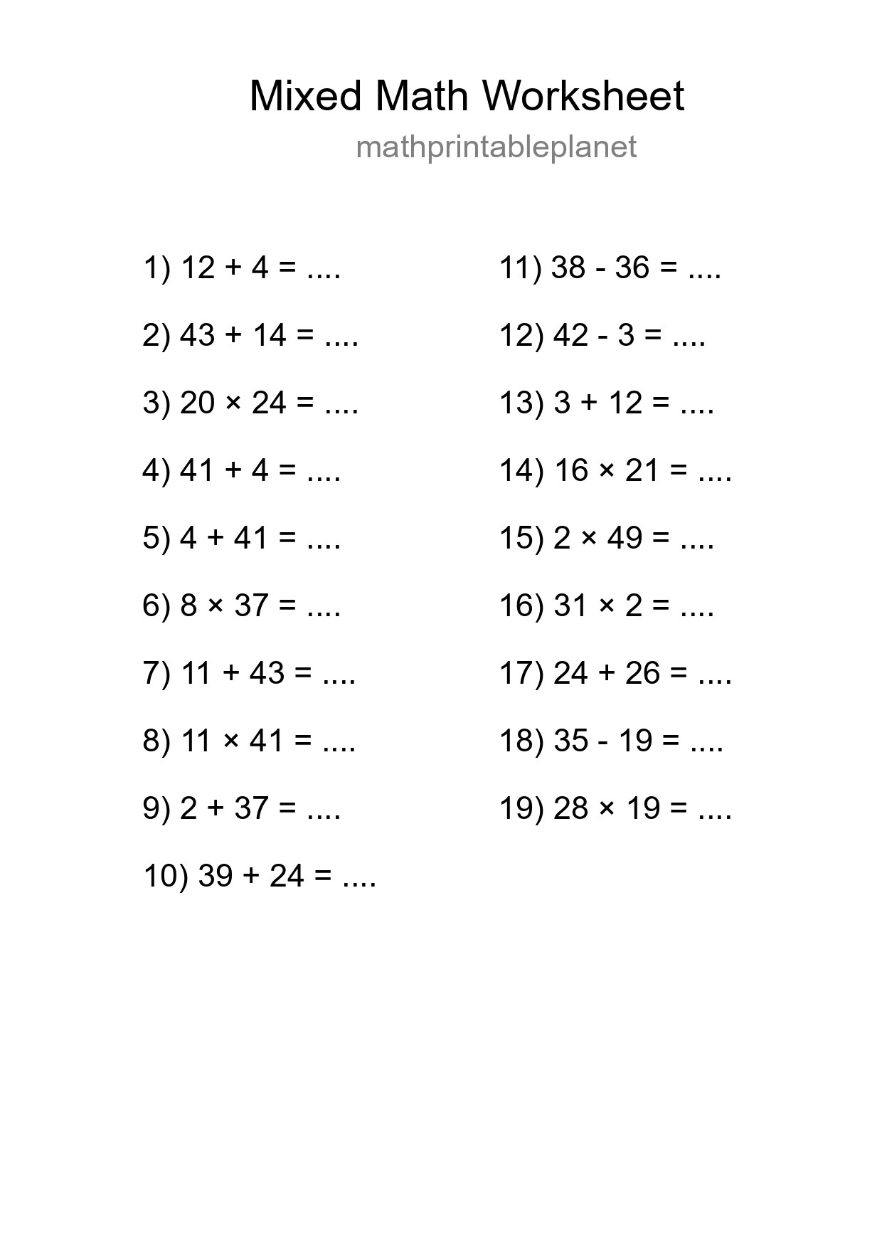 Mixed Operations Math Worksheet