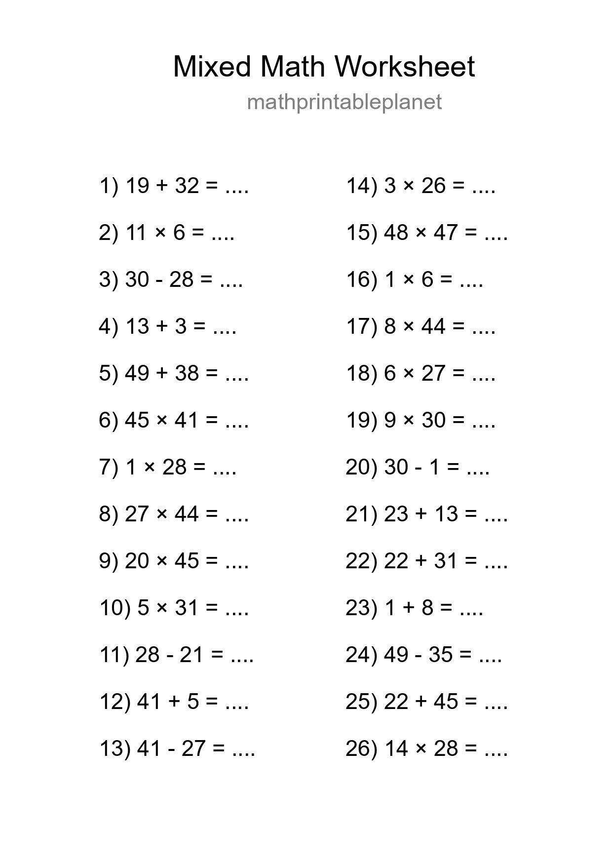 Mixed Operations Math Worksheet