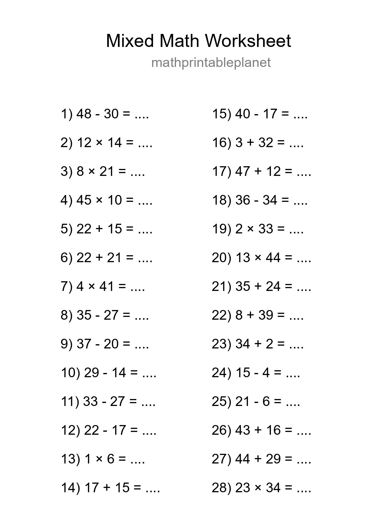 Mixed Operations Math Worksheet