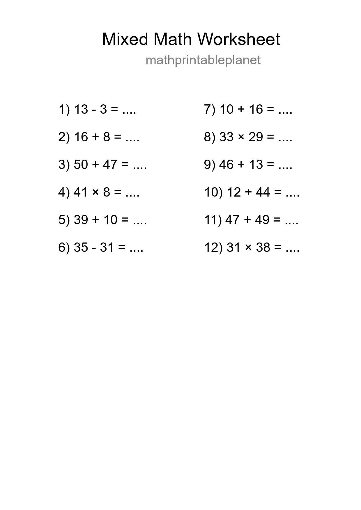 Mixed Operations Math Worksheet