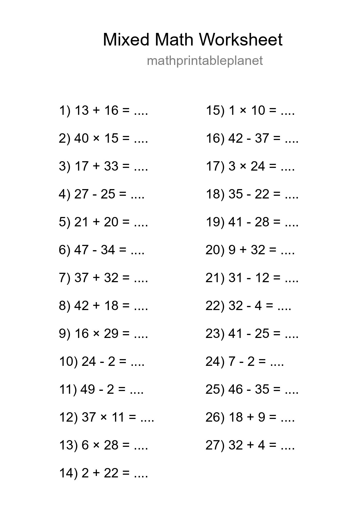 Mixed Operations Math Worksheet